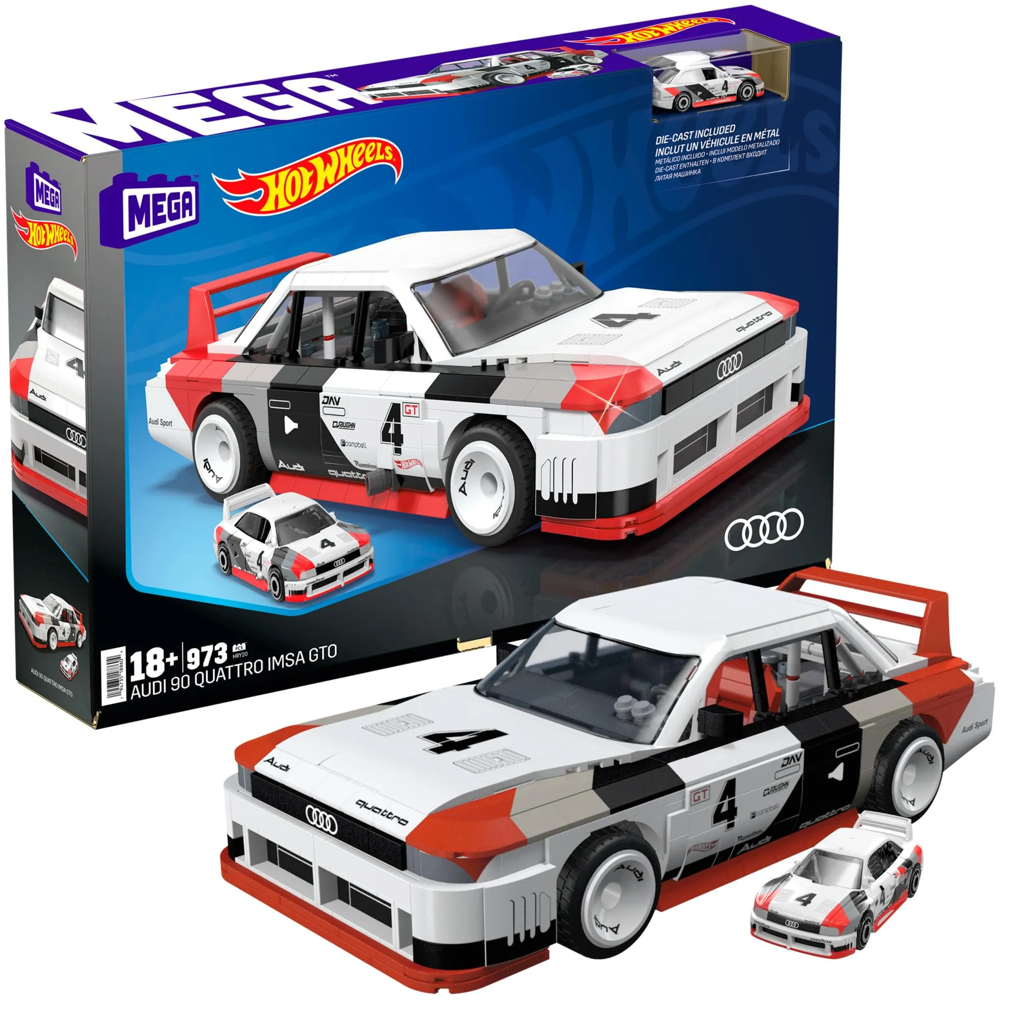 MEGA Hot Wheels - Audi 90 Quattro IMSA GTO, macchina da costruire con 973 pezzi e mini veicolo die-cast incluso, set per collezionisti da esporre, 18+ anni, HRY20