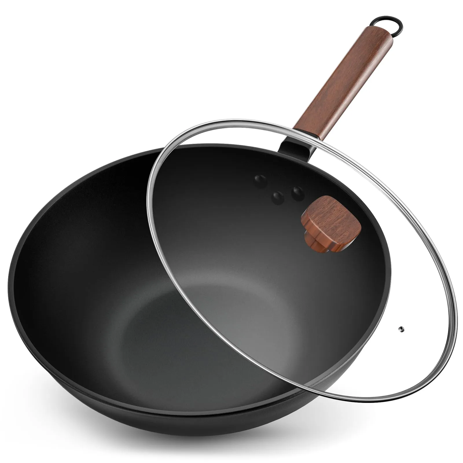 Jobin 33cm/5,6L Wok Antiaderente in Acciaio al Carbonio con Coperchio - Padelle Senza Rivestimento Chimico - Può Cucinare Piatti Asiatici per 4-6 Persone - Adatto a Tutti i Fornelli