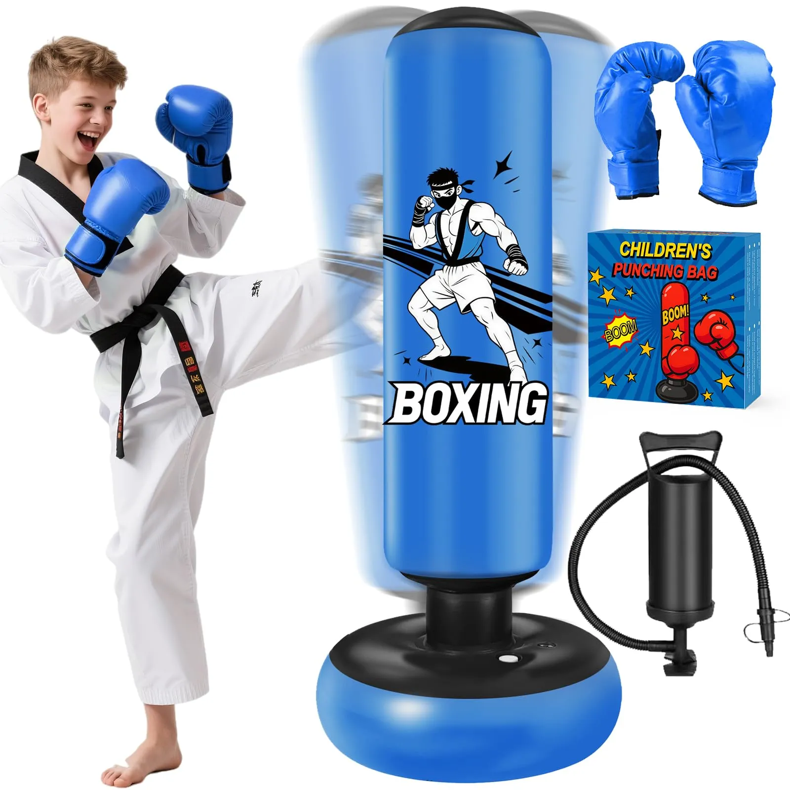 Sacco da Boxe per Bambini, 168cm Sacco da Boxe da Terra con Guantoni per Bambino da 5 a 18 Anni per Karate e Taekwondo, Regalo per Bambini, Adolescente