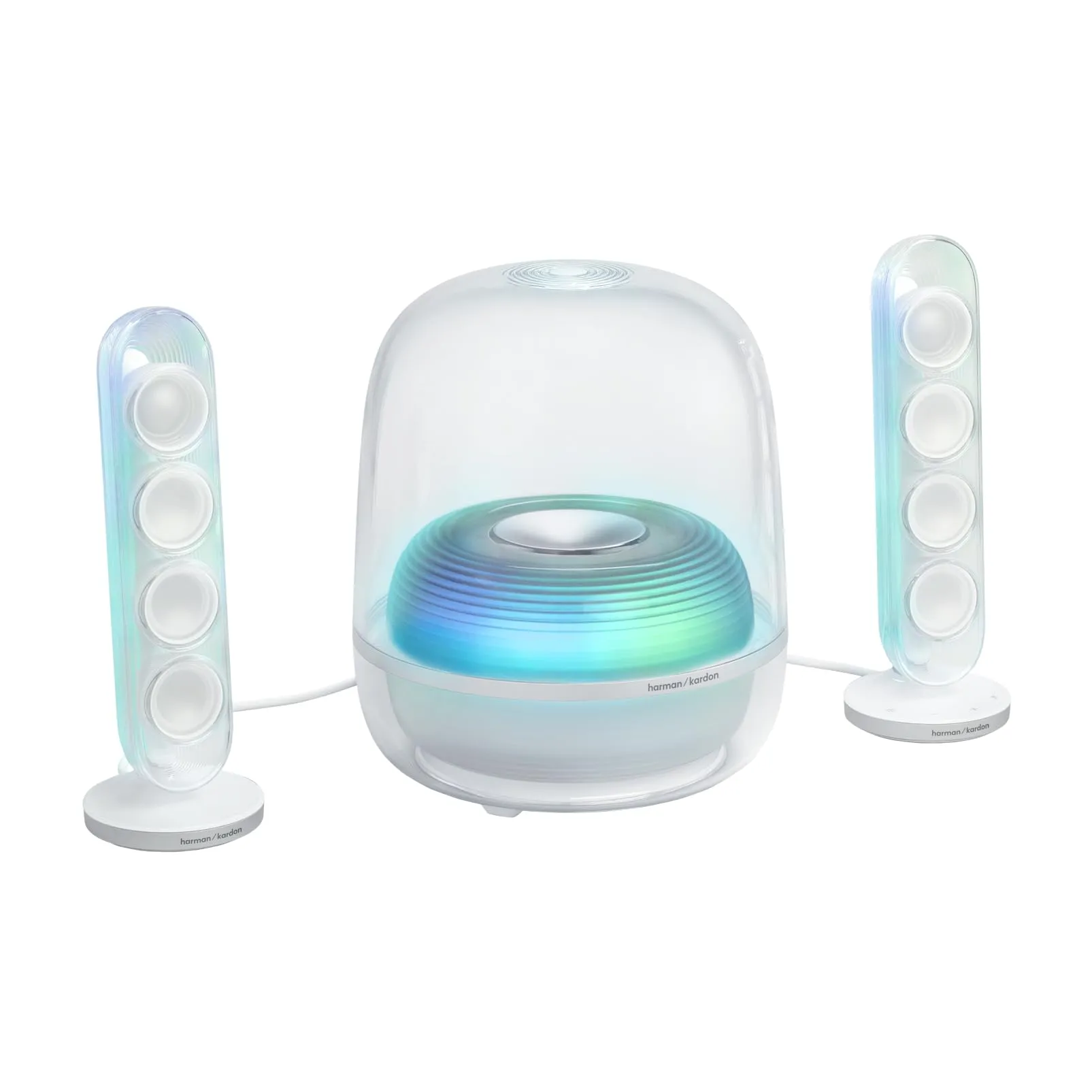 Harman Kardon SoundSticks 5 Altoparlante Bluetooth per la Casa, Design a 3 Vie, Connettività HDMI ARC a Cavo Singolo, Connessione Multi-Speaker con Auracast, Giochi di Luce e Colori, Bianco