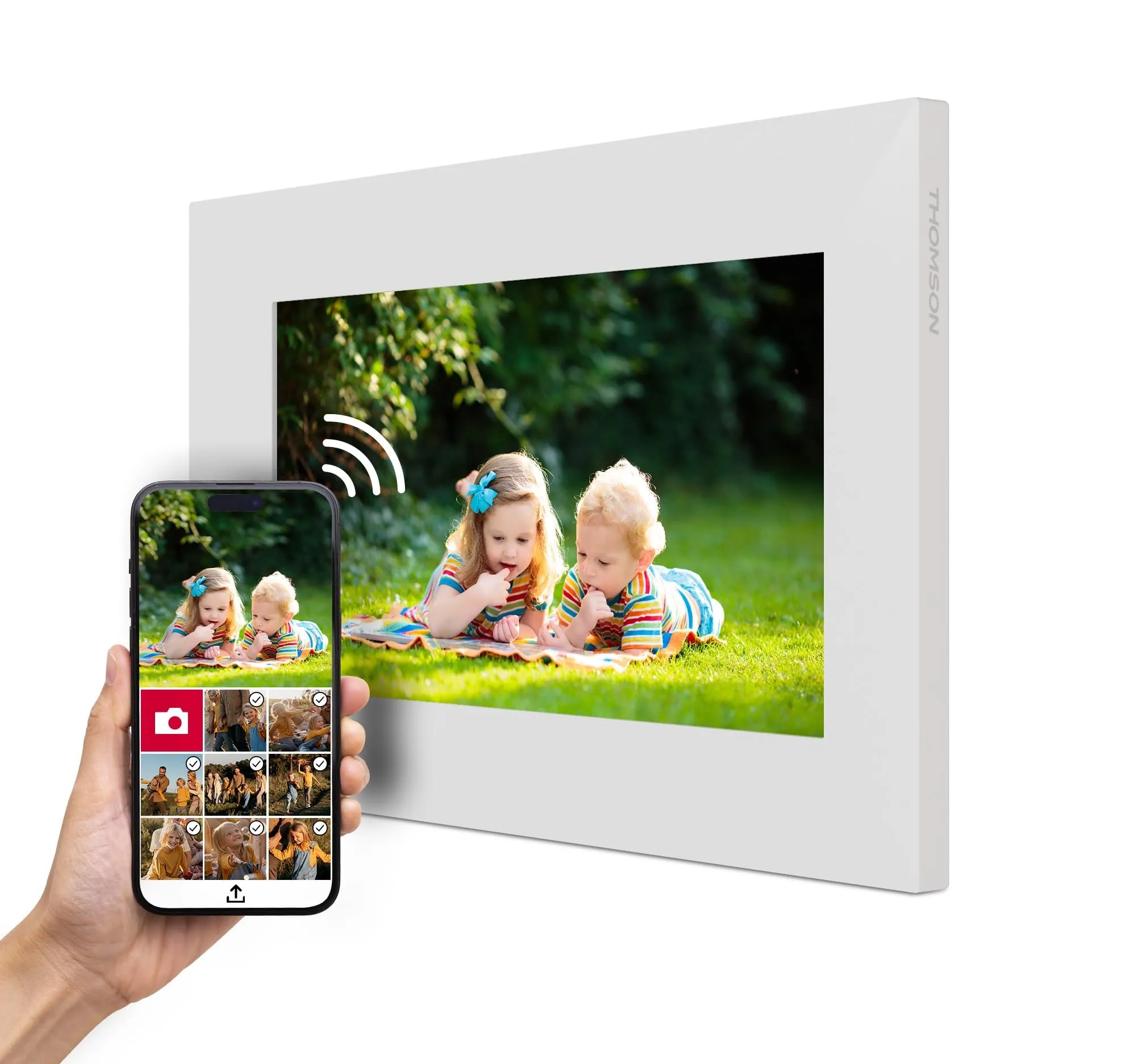 THOMSON Cornice Fotografica 7 pollici BIANCO - 17,8 cm, 1024x600 HD IPS, Touchscreen, Memoria da 32 GB, Rotazione Automatica, Connessione Multi Utente, WLAN, Montaggio da Tavolo o a Parete