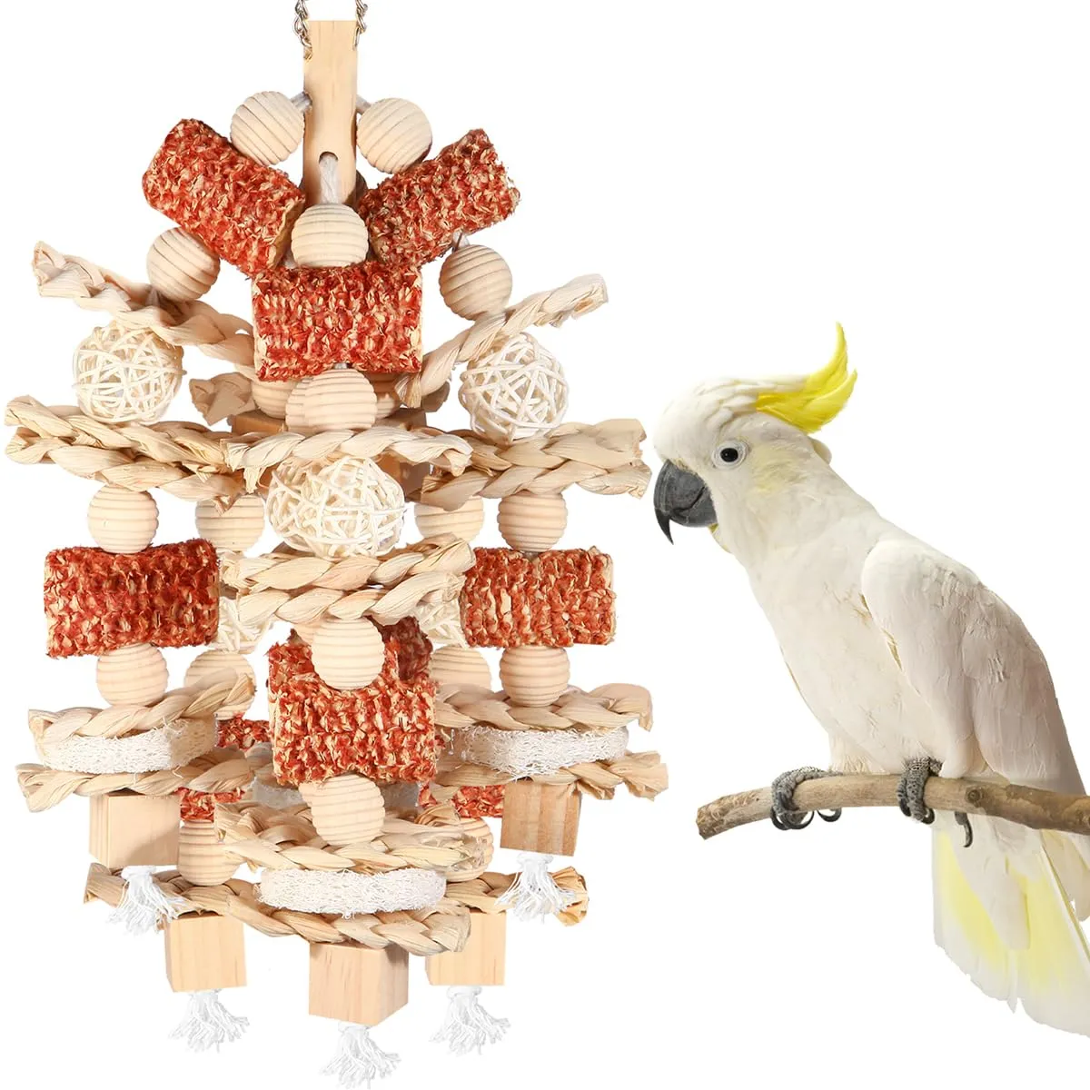 Pannocchia di mais naturale e luffa fette di fette di uccello, giocattoli da masticare per pappagalli grigi africani, ara, cacatua, amazzoni e altri pappagalli medi