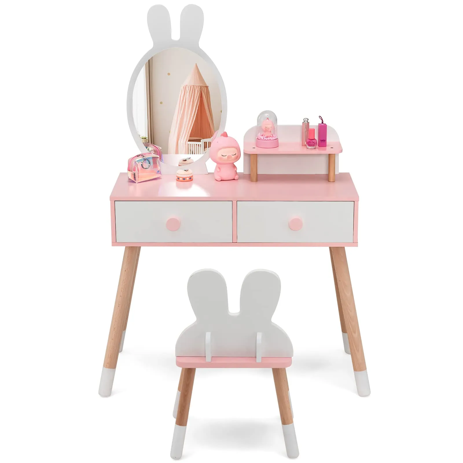 COSTWAY Toeletta Trucco 2 in 1 per Bambina, Specchiera a Forma di Coniglio Staccabile per Ragazza in Legno con Sgabello, Ripiano e 2 Cassetti, Postazione Trucco, 78 x 37 x 110cm (Bianco)