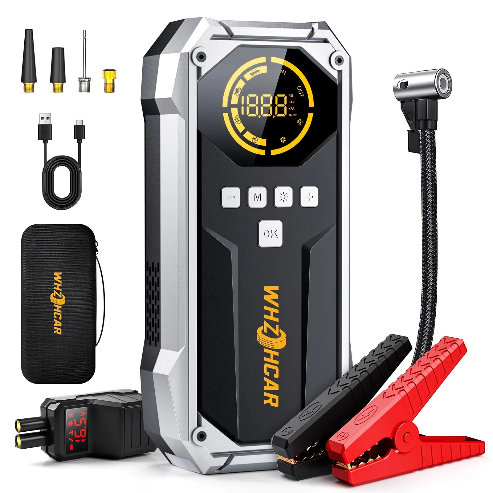 Avviatore Emergenza per Auto 150PSI Compressore 6000A Booster Avviamento Auto 12V Con LCD Jump Start Cavi Di Ponticello Estesi Carica Rapida Torcia a LED