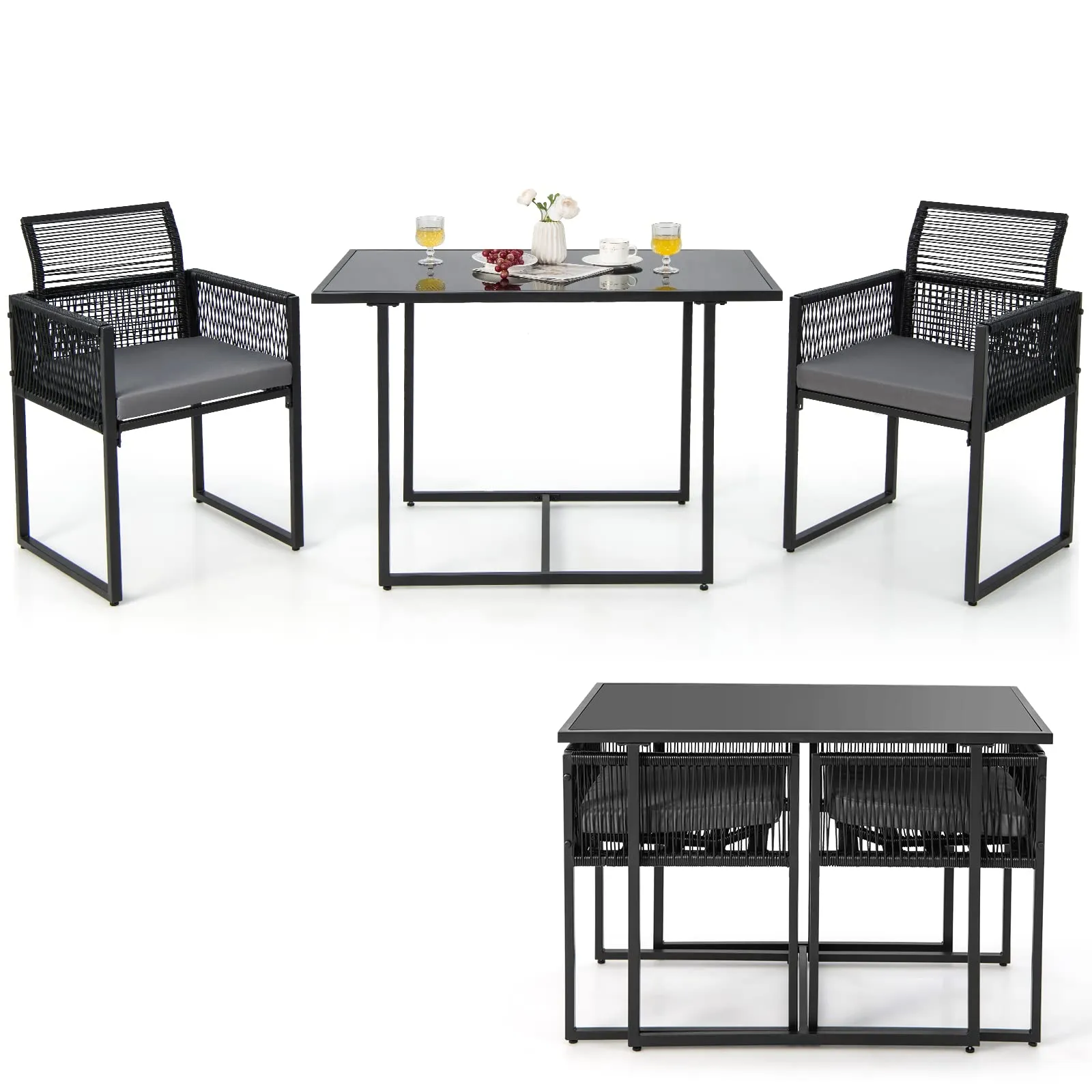 COSTWAY Set di 3 Pezzi Pranzo da Giardino, Set di Tavolo e Sedie da Esterno in Rattan PE con Schienali Pieghevoli, Tavolo in Vetro Temperato, per Balcone Giardino