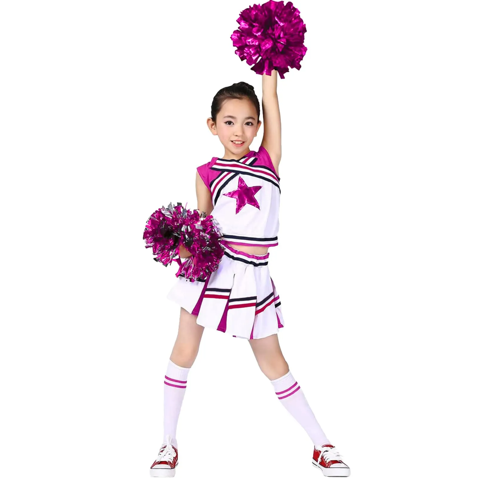 LOLANTA Costume da Ragazza Cheerleader, Carnevale o Evento Sportivo Fancy Dress Up con l'abito di Pom Poms, Rosa, 8-9 anni, 140
