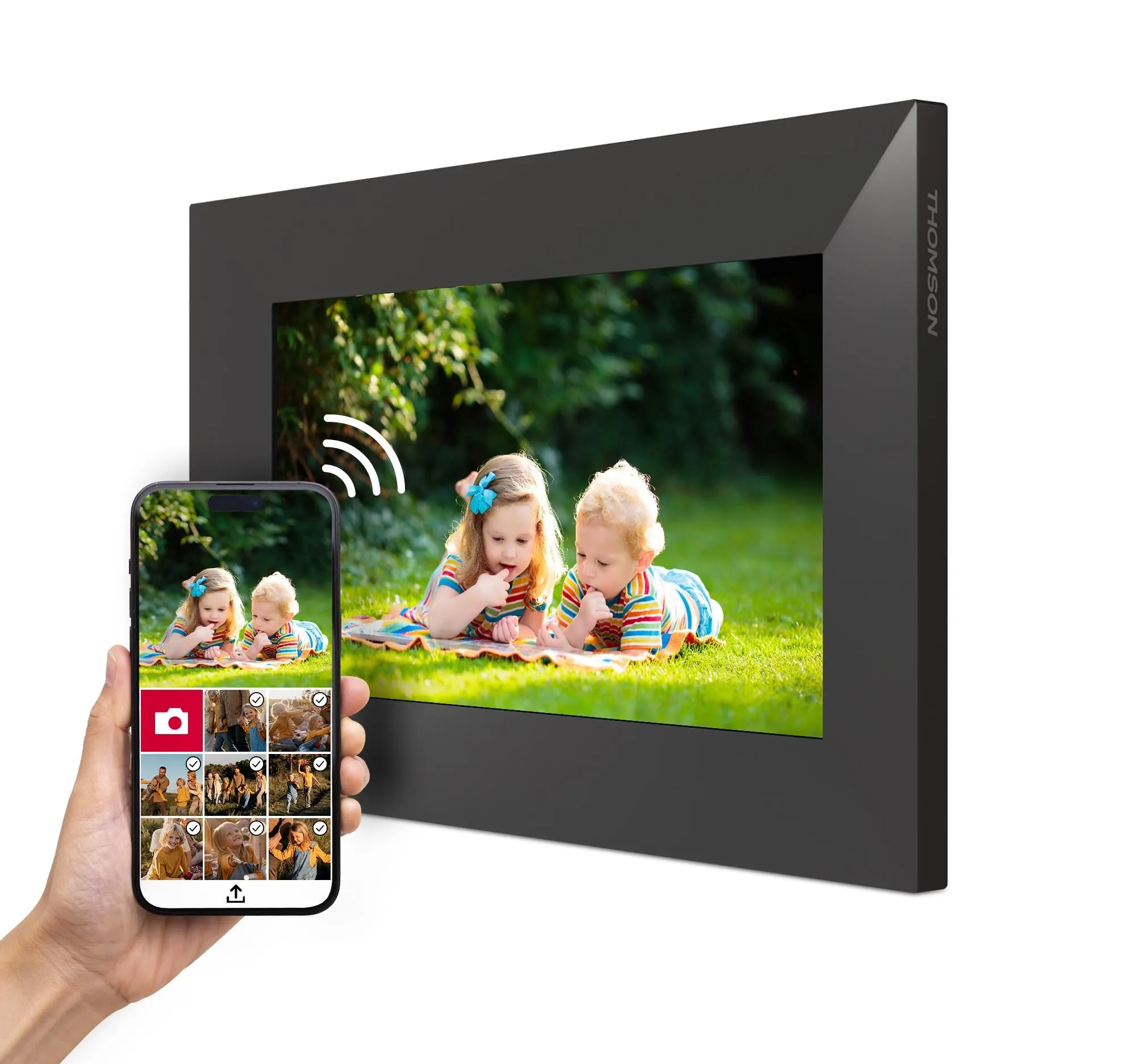 THOMSON Cornice Fotografica 7 pollici - 17,8 cm, 1024x600 HD IPS, Touchscreen, Memoria da 32 GB, Rotazione Automatica, Connessione Multi Utente, WLAN, Montaggio da Tavolo o a Parete