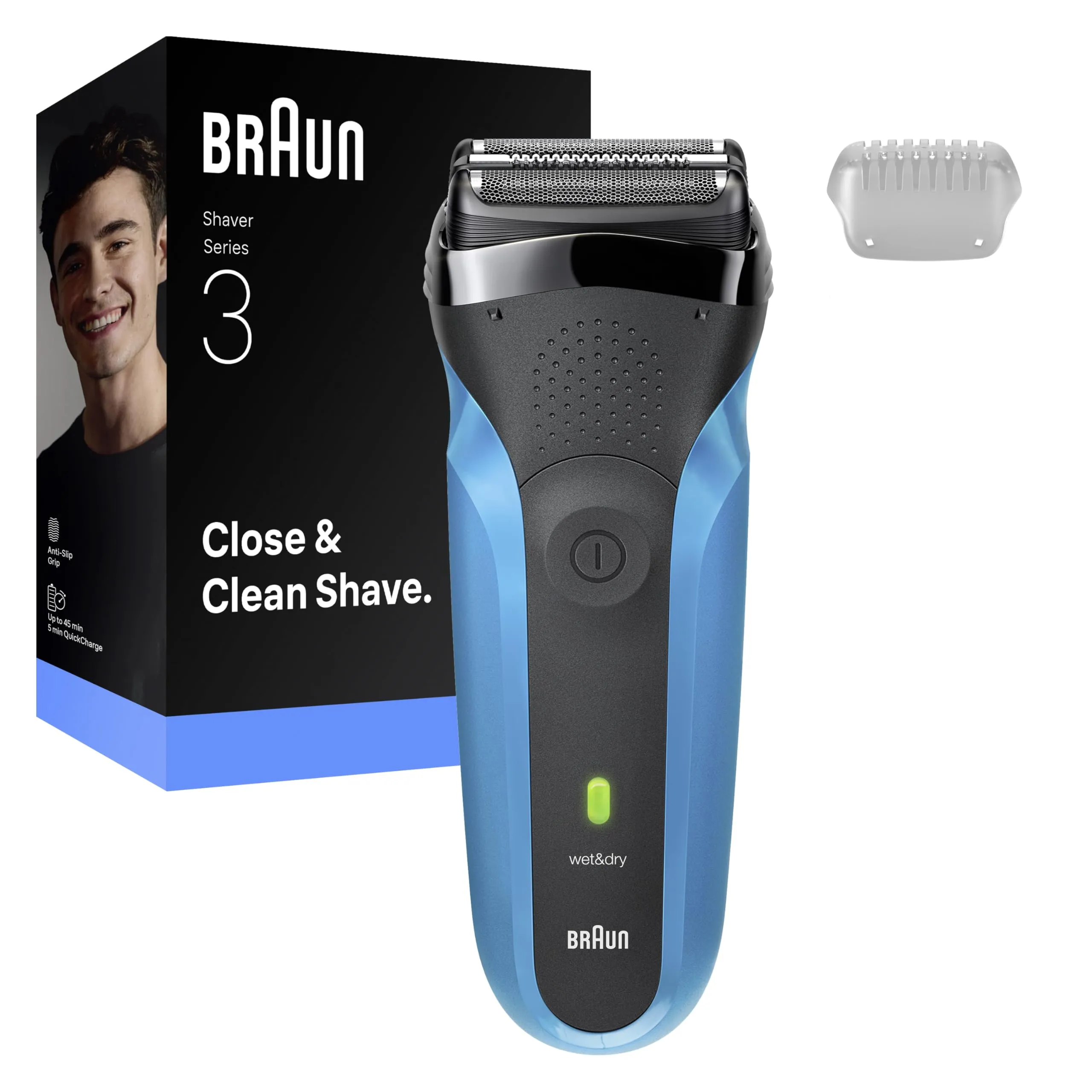 Braun Serie 3 Rasoio Elettrico Barba, Wet&Dry, Regolabarba Uomo, Rasoio Barba, 3 Lame Flessibili, Regolabarba Braun, Progettato in Germania, 310S, Blu