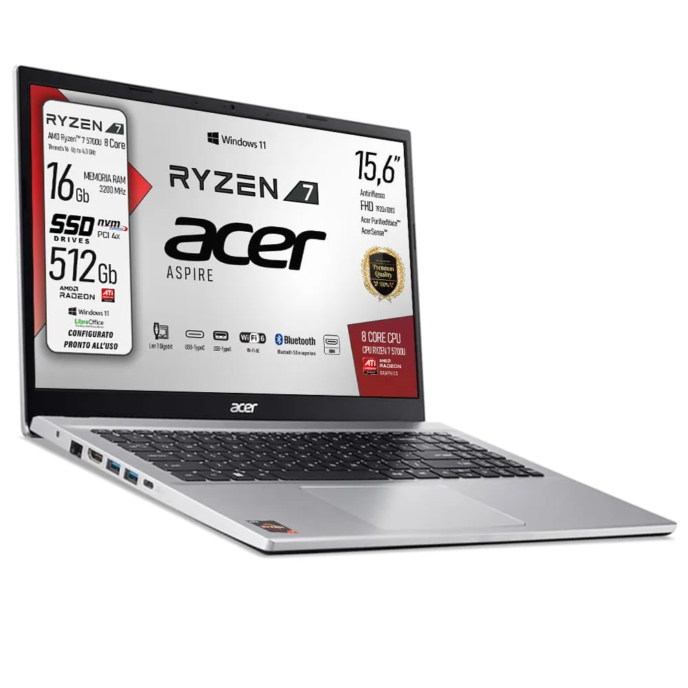 Acer, notebook Portatile, Ryzen7 5700u, fino a 4,3 Ghz, Ram 16Gb, SSD PCI Nvme da 512Gb, Display Led 15,6" FHD, 4 usb, wi-fi 6, lan, bt, hdmi Win11, Preconfigurato, garanzia Italia