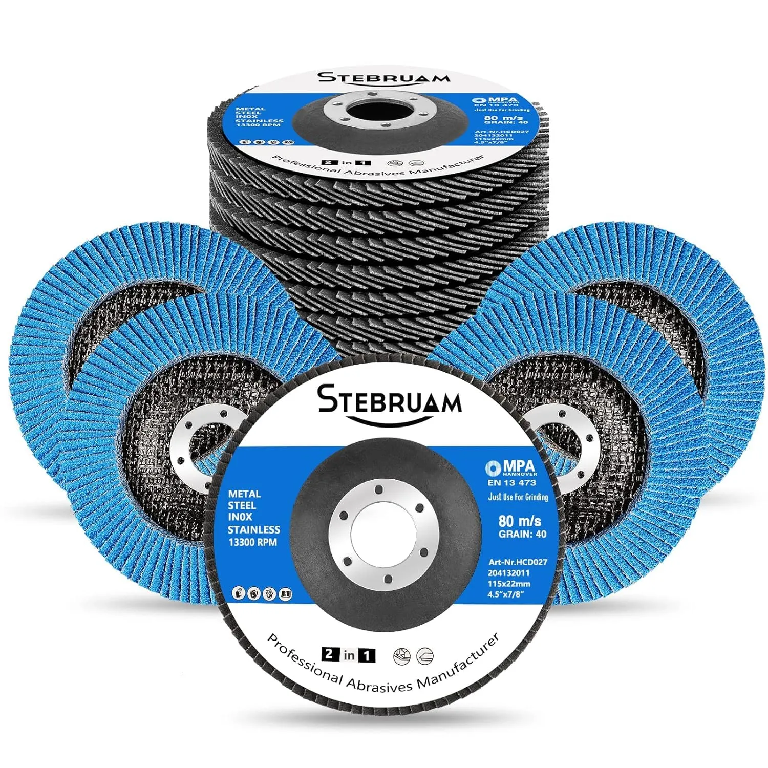 STEBRUAM 25 pezzi dischi lamellari da 115 mm, Disco Abrasivi grana 40/60/80/120/240, per Smerigliatrice Angolare a Batteria, GWS, BTI, Acciaio Inossidabile Metallo e Legno (grigio)