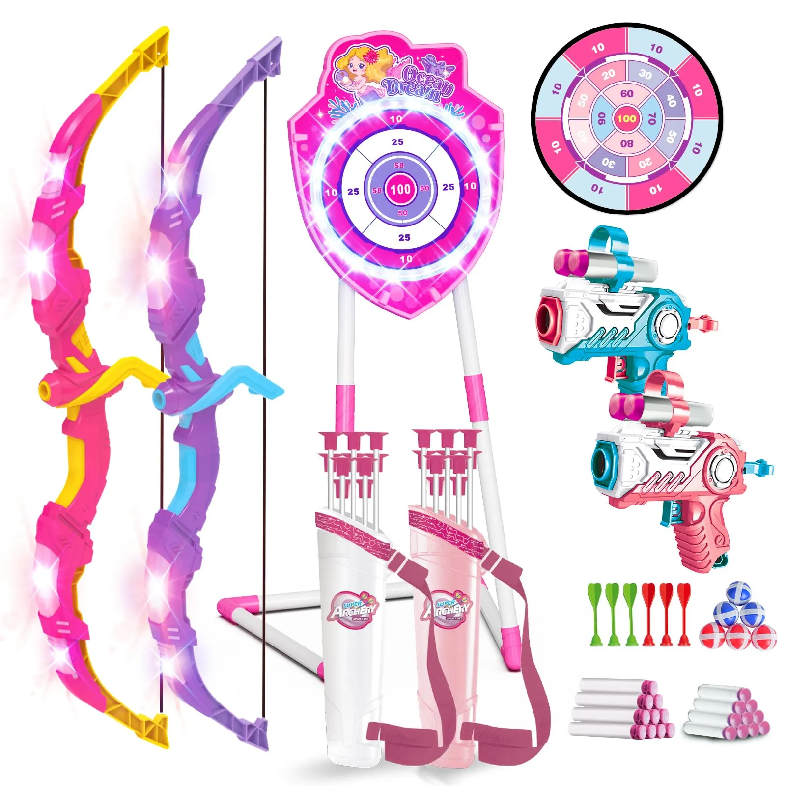 VATOS Set di 2 giocattoli per bambini da 5 a 12 anni, con arco luminoso e ventosa, 73 cm, per interni ed esterni, regalo per ragazze e ragazzi