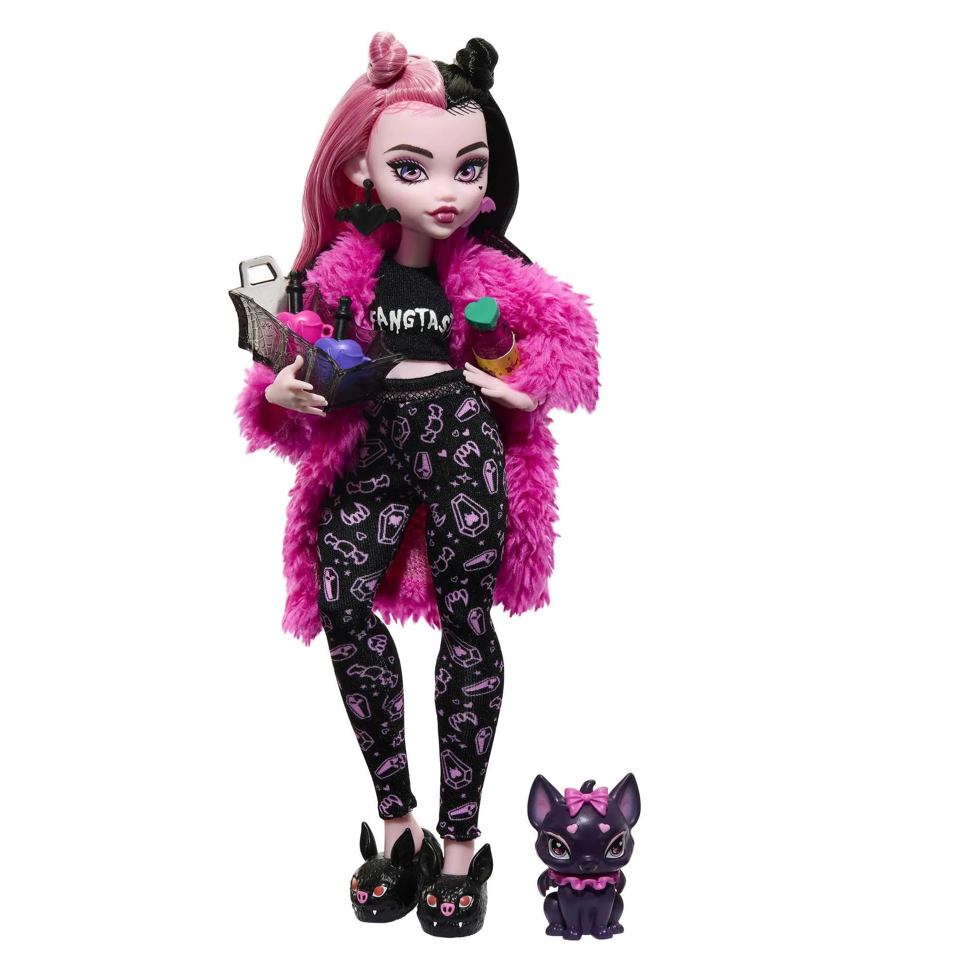 Monster High - Draculaura Creepover Party, Bambola con Outfit Dettagliato e Accessori per Il Pigiama Party, Cucciolo di Pipistrello Conte Fabulous Incluso, Giocattolo per Bambini, 4+ Anni, HKY66