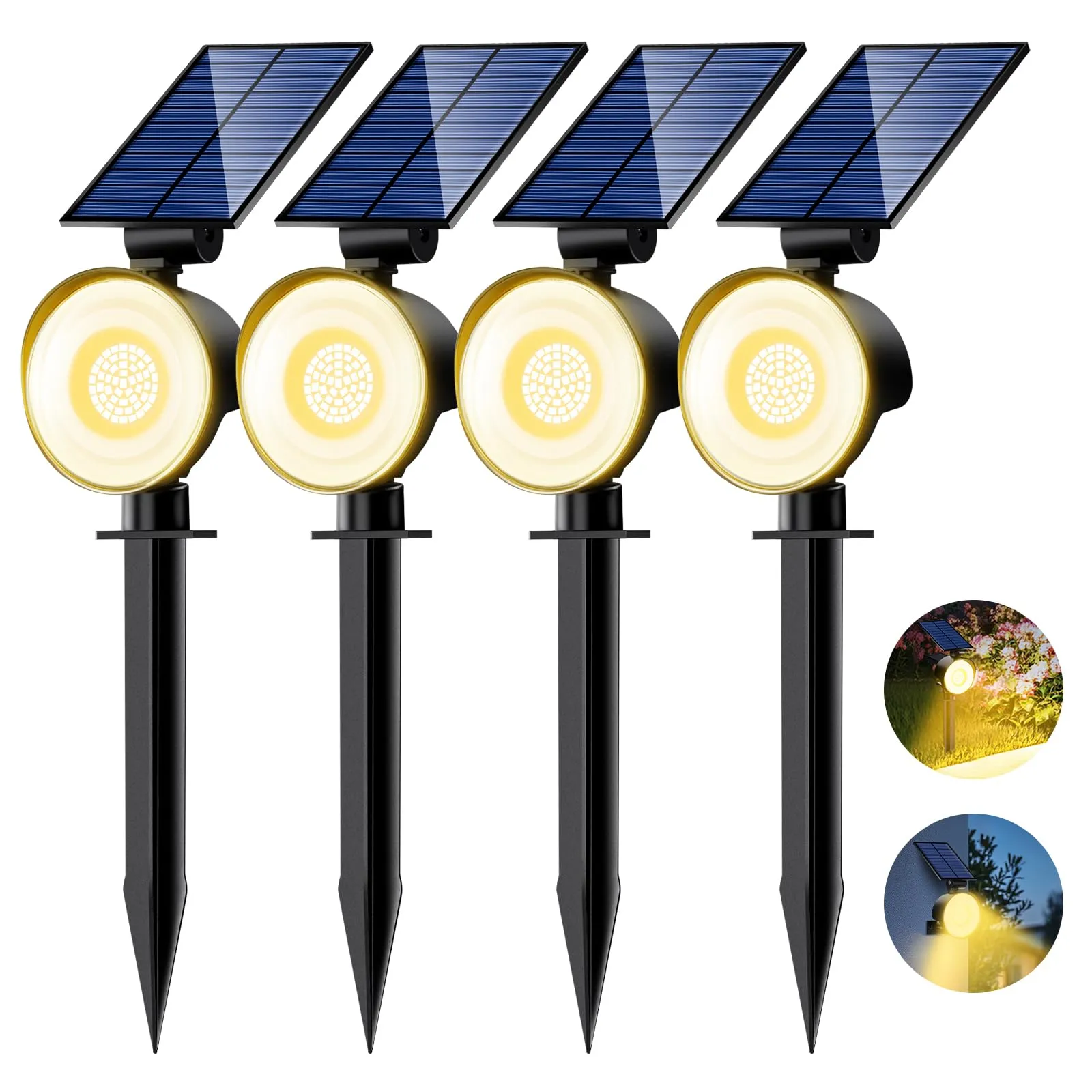nipify 4 Pezzi Faretti Solari a Led da Esterno, 3 Modalità Luci Solari da Giardino Potenti, Impermeabile Lampade Solare per Patio, Garage, Cortile, Parete, Prato (Bianco Caldo)