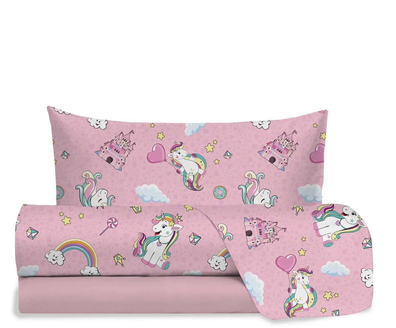 hermet Jolly, Set Lenzuola Letto Singolo Unicorno, 100% Cotone, Lenzuolo Sopra + Lenzuolo con Angoli + Federa, Completo Letto Rosa Cameretta