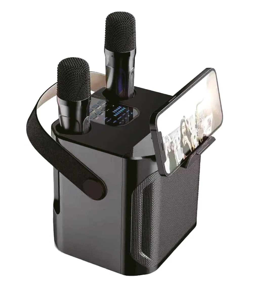Sistema Karaoke Portatile Wireless con 2 Microfoni, Base per Telefono o Tablet