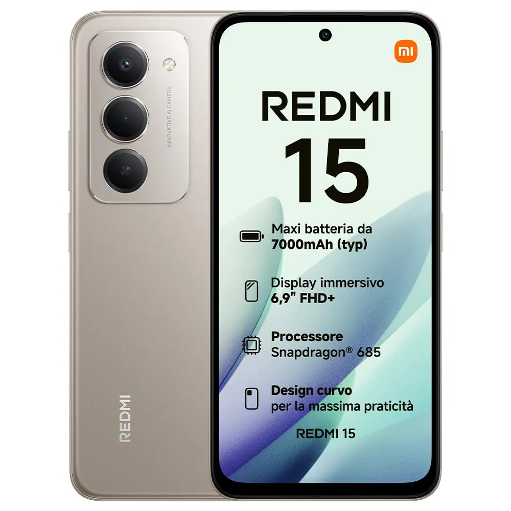 Xiaomi Redmi 15, Smartphone 8+256GB, DotDisplay FHD+ 144Hz da 6,9", Snapdragon 685, doppia fotocamera AI da 50MP, Batteria da 7000mAh, Garanzia di 2 anni, Grigio Titanio, Caricabatterie non incluso