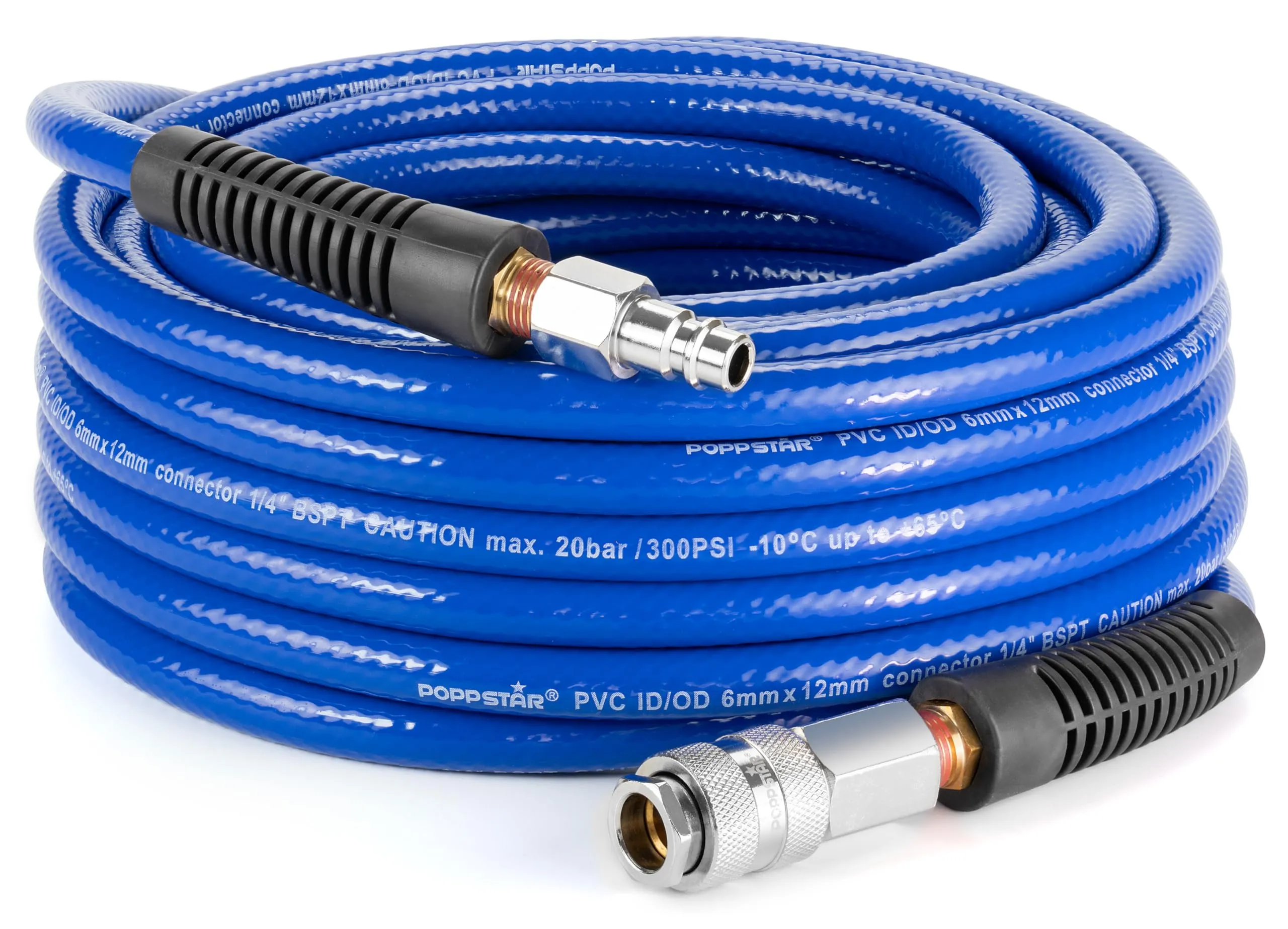 Poppstar Tubo per aria compressa in PVC 6/12 mm, lunghezza 20 m, attacco rapido & innesto maschio, 20 bar, blu