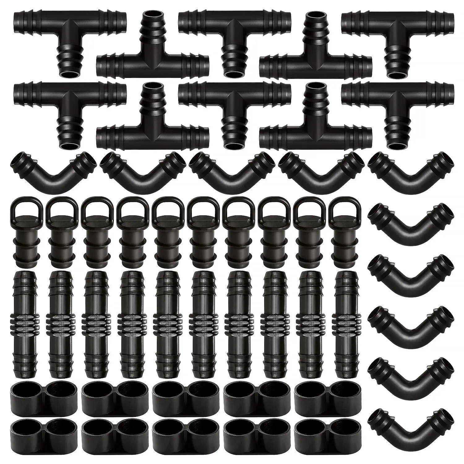VooGenzek 50 Pezzi Kit di Raccordi per Irrigazione per Tubi per 16mm Impianto di Irrigazione a Goccia, Irrigazione Connettori, con Tee, Gomiti, Accoppiamento, Chiusura Terminale, Tappi Terminali