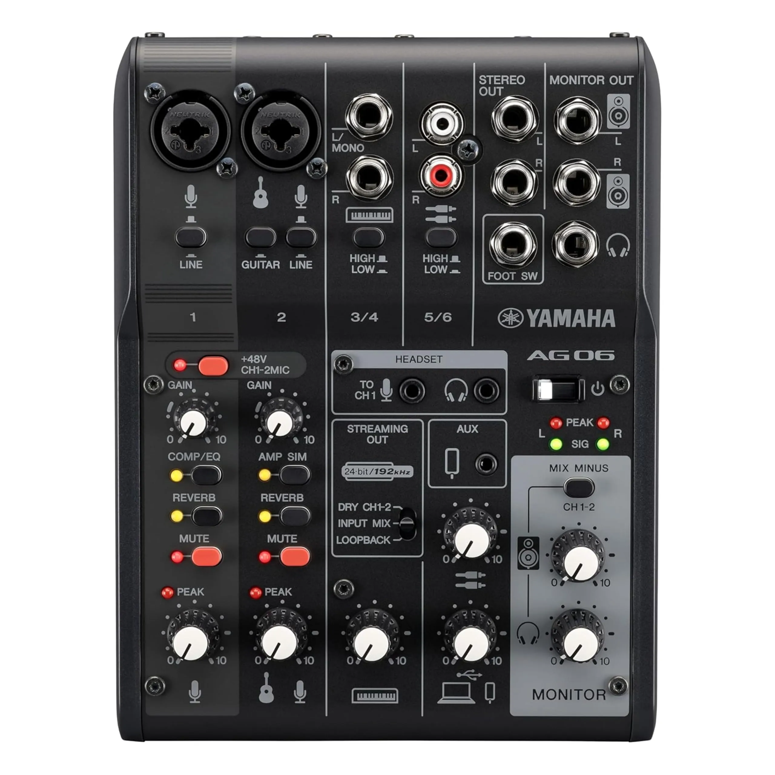 Mixer Yamaha AG06MK2 Mixer a 6 Canali per Streaming Live con Interfaccia Audio USB, per Windows, Mac, iOS e Android, Nero