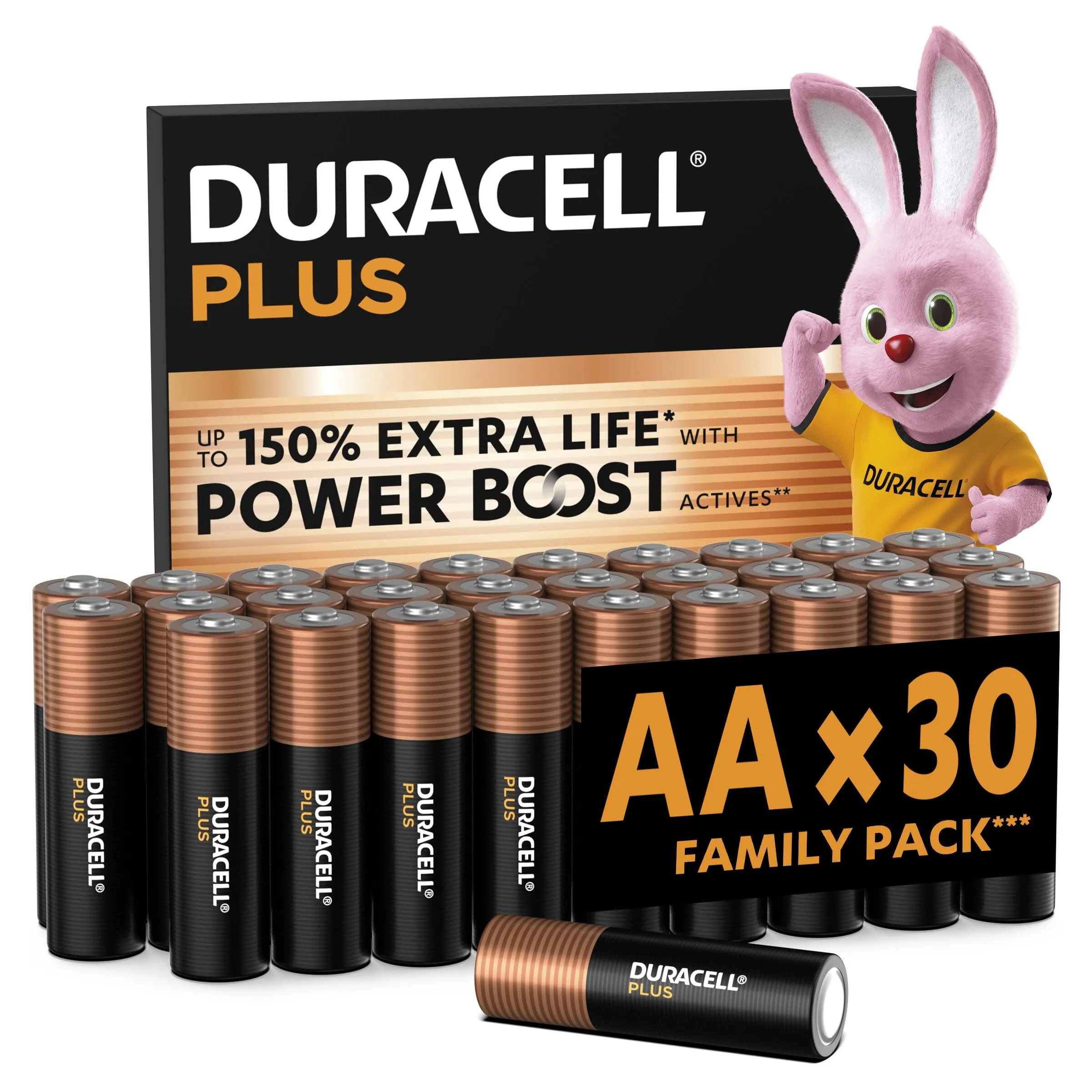 DURACELL Batterie Plus AA (Confezione da 30) – Batterie Alcaline da 1,5 V – Fino al 150% di durata extra con Attivi POWER BOOST– Affidabilità per i dispositivi di utilizzo quotidiano –MN1500