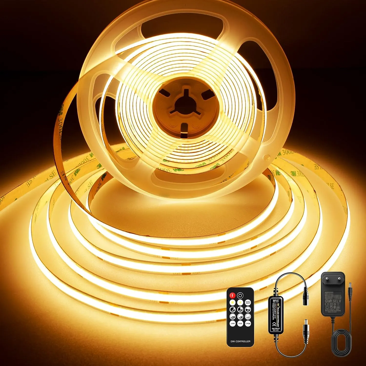 BERIXDEEP Nastro LED COB 3 m, striscia luminosa LED dimmerabile con telecomando e alimentazione, DC24 V, CRI>92, larghezza 8 mm, nastro LED bianco caldo per decorazione della camera, 2700 K