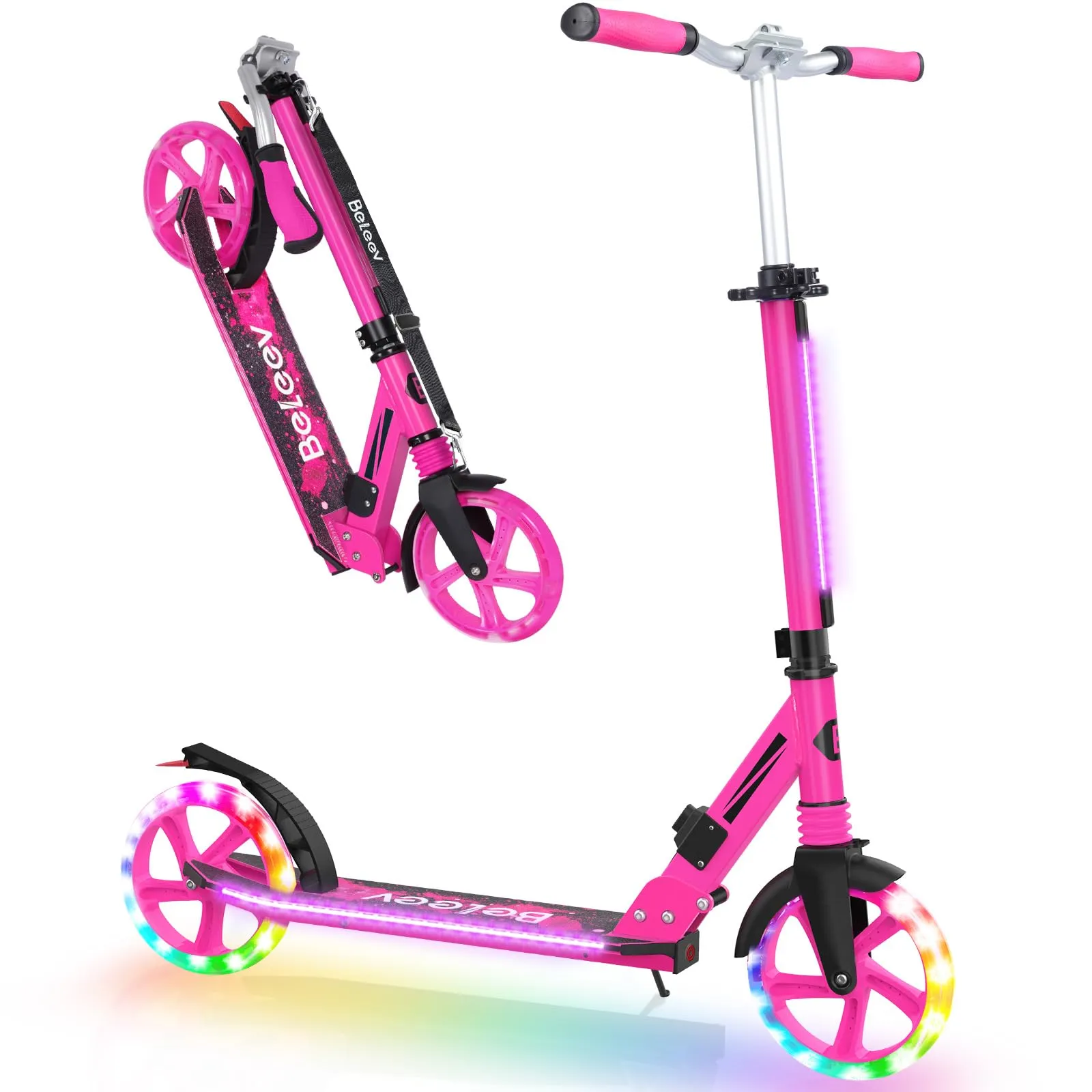 BELEEV Monopattino Pieghevole, Altezza Regolabile, Scooter con Ruote Grandi 200mm, LED Illuminate Ruote, Stem, Deck, Cinghia di Trasporto, per Bambini e Adulti Fino a 100KG
