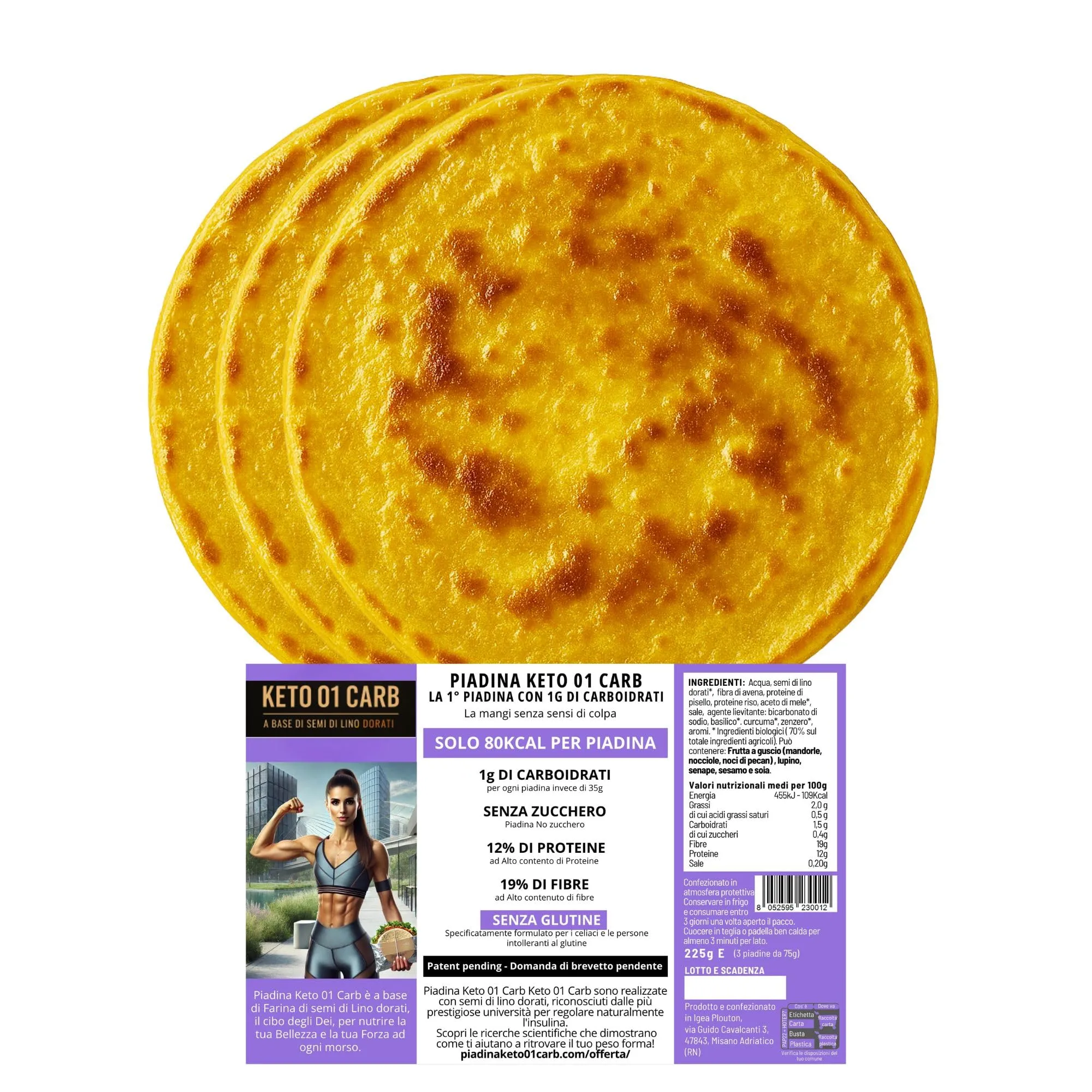 KETO 01 CARB - Piadina Keto Artigianale con solo 1g di Carboidrati, Piadina Senza Glutine 12% Proteine, 80 Kcal, Low Carb, 3pz x 75g, 4 Confezioni