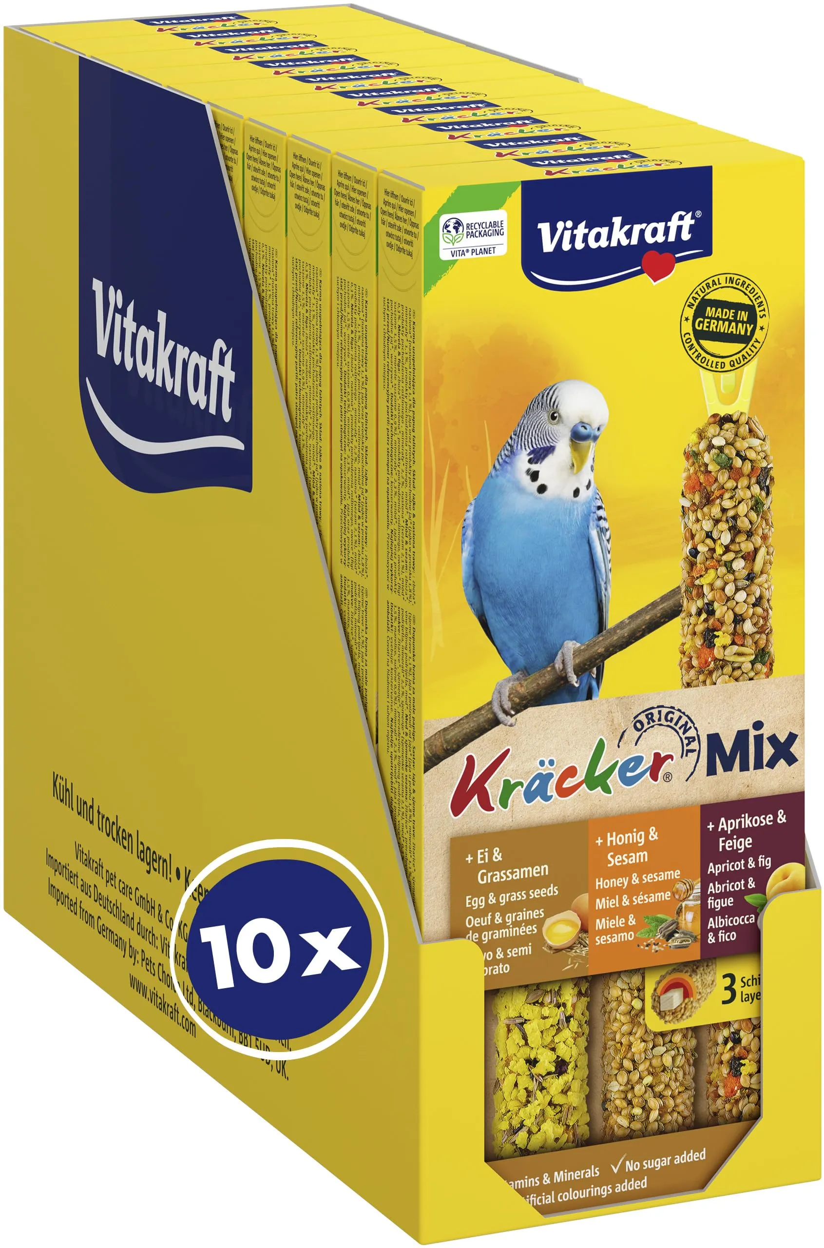 Vitakraft Kräcker Mix, Snack Uccelli, Bastoncini da sgranocchiare, con Uovo e Semi da Prato, con Albicocche e fichi, con Miele e Sesamo, per la Cura del Becco, Senza l'aggiunta di Zucchero