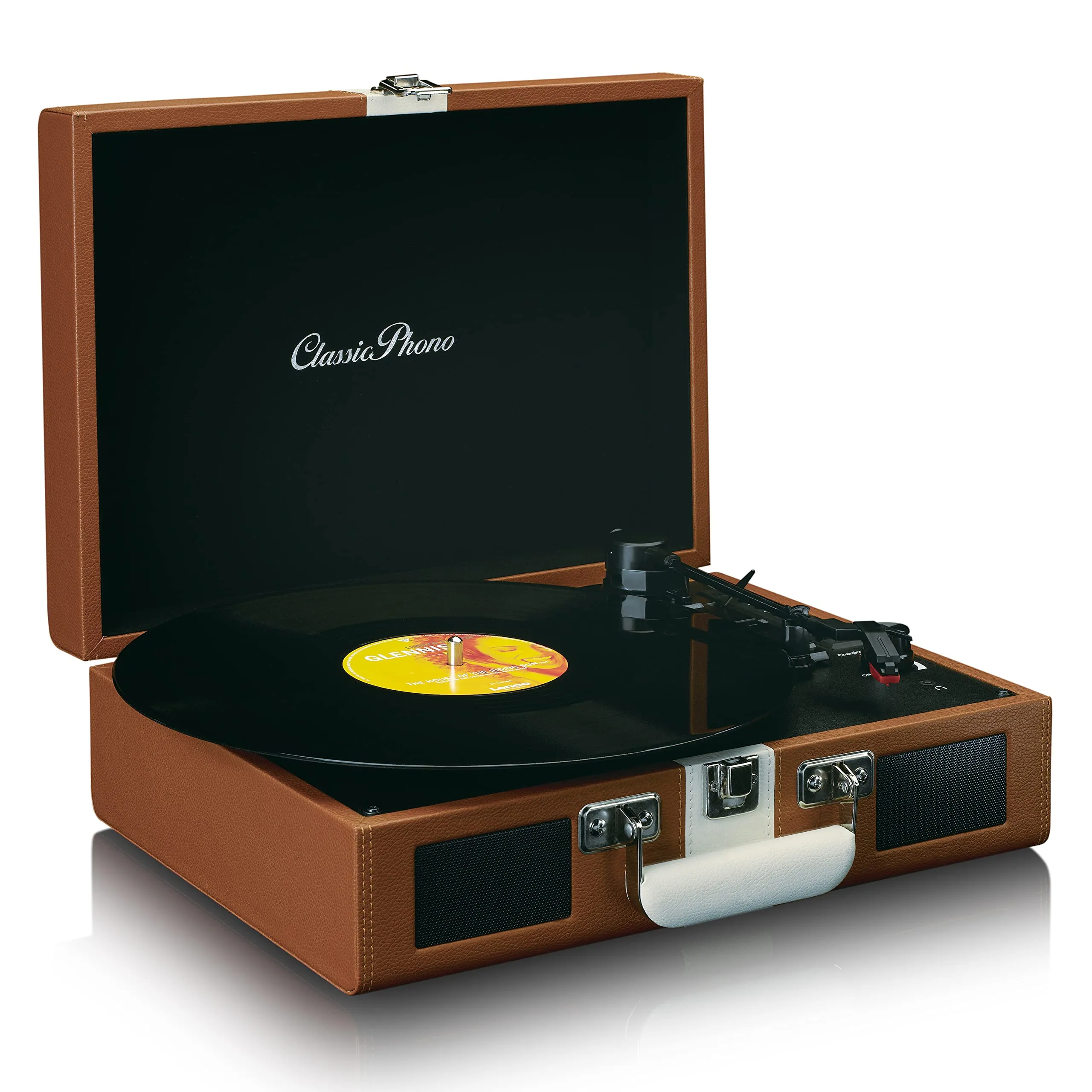 Classic Phono TT-120BNWH - Lettore di dischi con ricezione Bluetooth, altoparlanti integrati e batteria ricaricabile - Marrone/Bianco