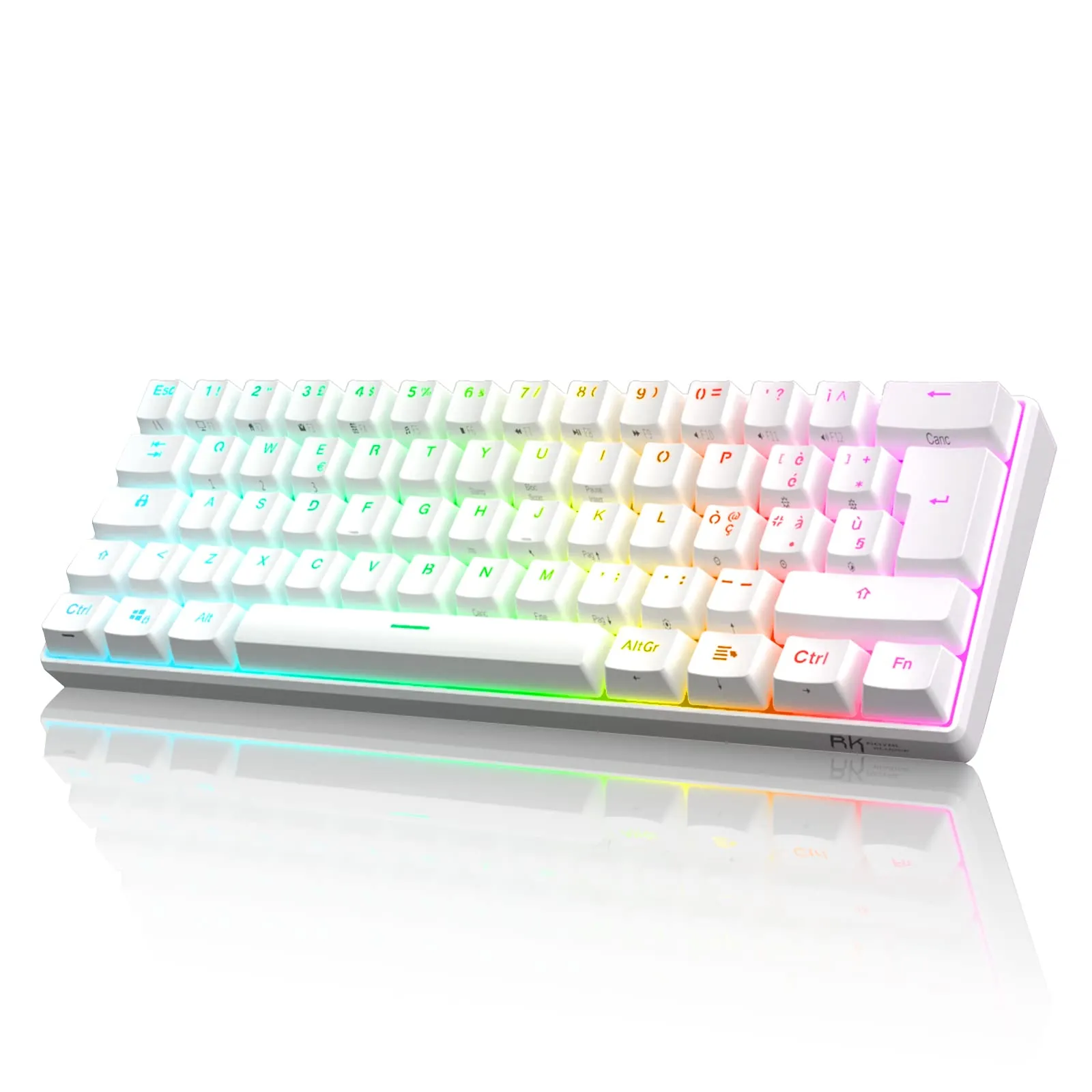 RK61 Tastiera Gaming Meccanica, 60% Tastiera Wireless 2.4Ghz/Bluetooth/USB-C RGB Backlit Interruttore Rosso Hot Swap Double-Shot ABS Keycaps Compatibile con Win/Mac, Bianco (QWERTY Layout Italiano)