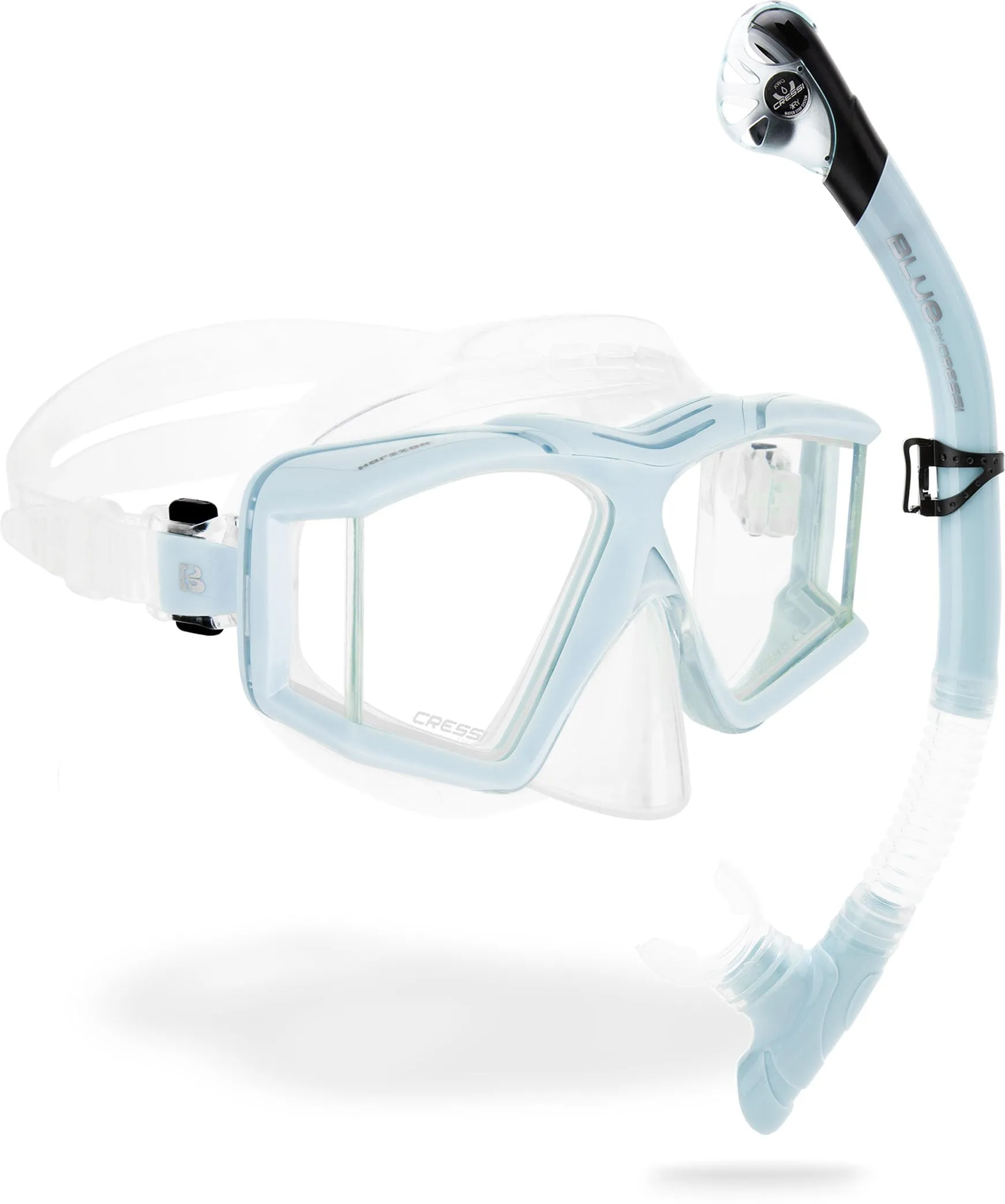 Cressi Horizion+Scilla Combo Clear/Ice Cyan - Set Maschera Horizon 4 Vetri Temperati Separati e Snorkel Scilla Top Dry Valve System per Immersioni e Snorkeling, Trasparente/Azzurro Ghiaccio, Unisex