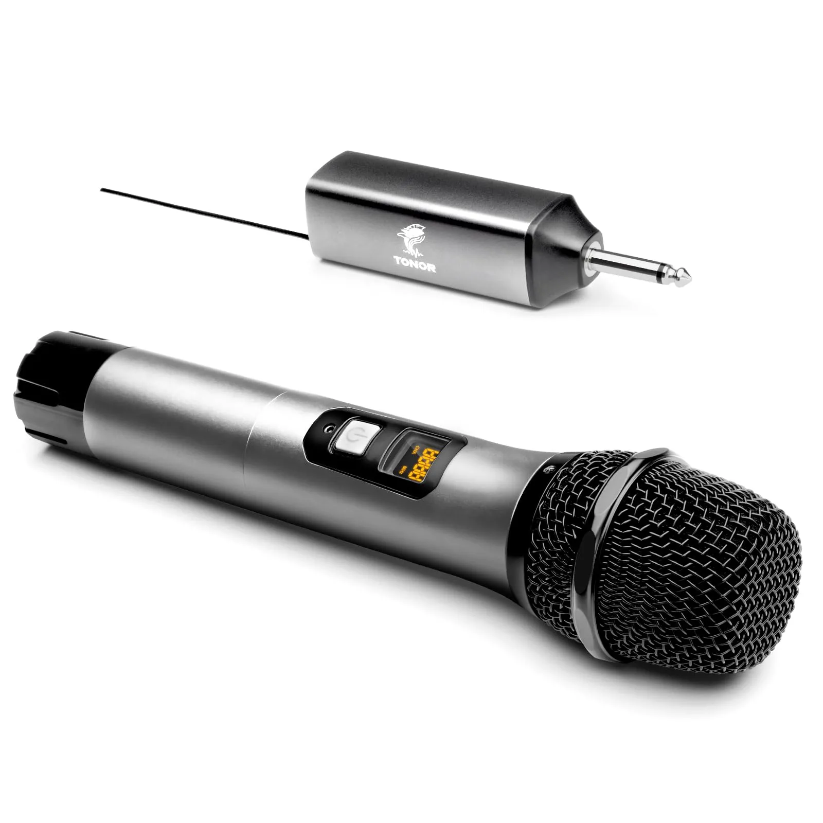 TONOR Microfono Senza Fili, UHF Sistema Wireless Microfonico Portatile in Metallo Cordless con Ricevitore Ricaricabile, Uscita 1/4" per Amplificatore, Macchina da Karaoke, 60m (TW620), Argento
