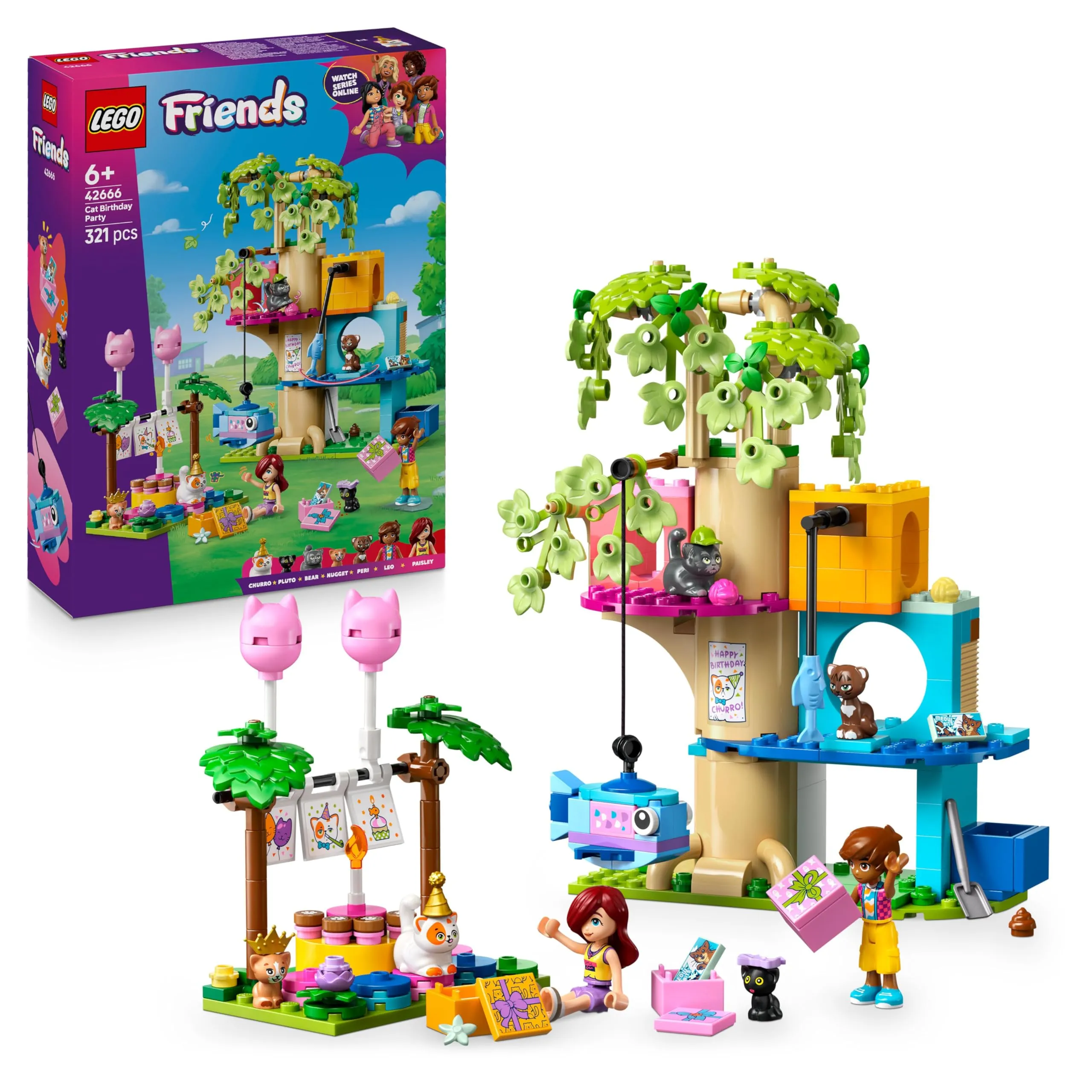 LEGO Friends Festa di Compleanno Felina e Casa sull’Albero Giocattolo - Include 2 Mini Bamboline e 5 Gatti, Tavolo Girevole, Pignatta e Accessori per Animali - Regalo per Bambine da 6 Anni - 42666