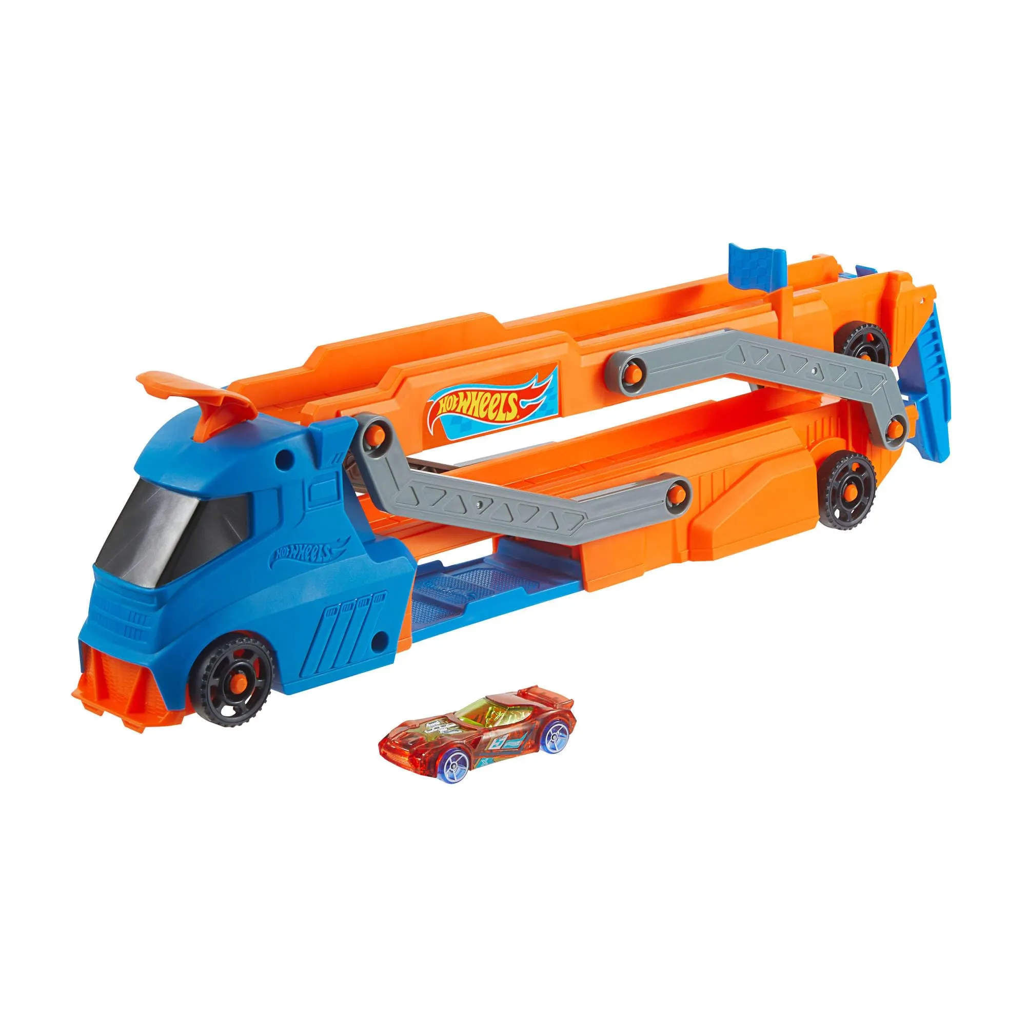 Hot Wheels - Trasportatore con Pista Super velocità, Camion Che Diventa Pista con Lanciatore, può Contenere Fino a 9 Auto e Si collega ad Altri Set, Giocattolo per Bambini, 3+ Anni, HYT83