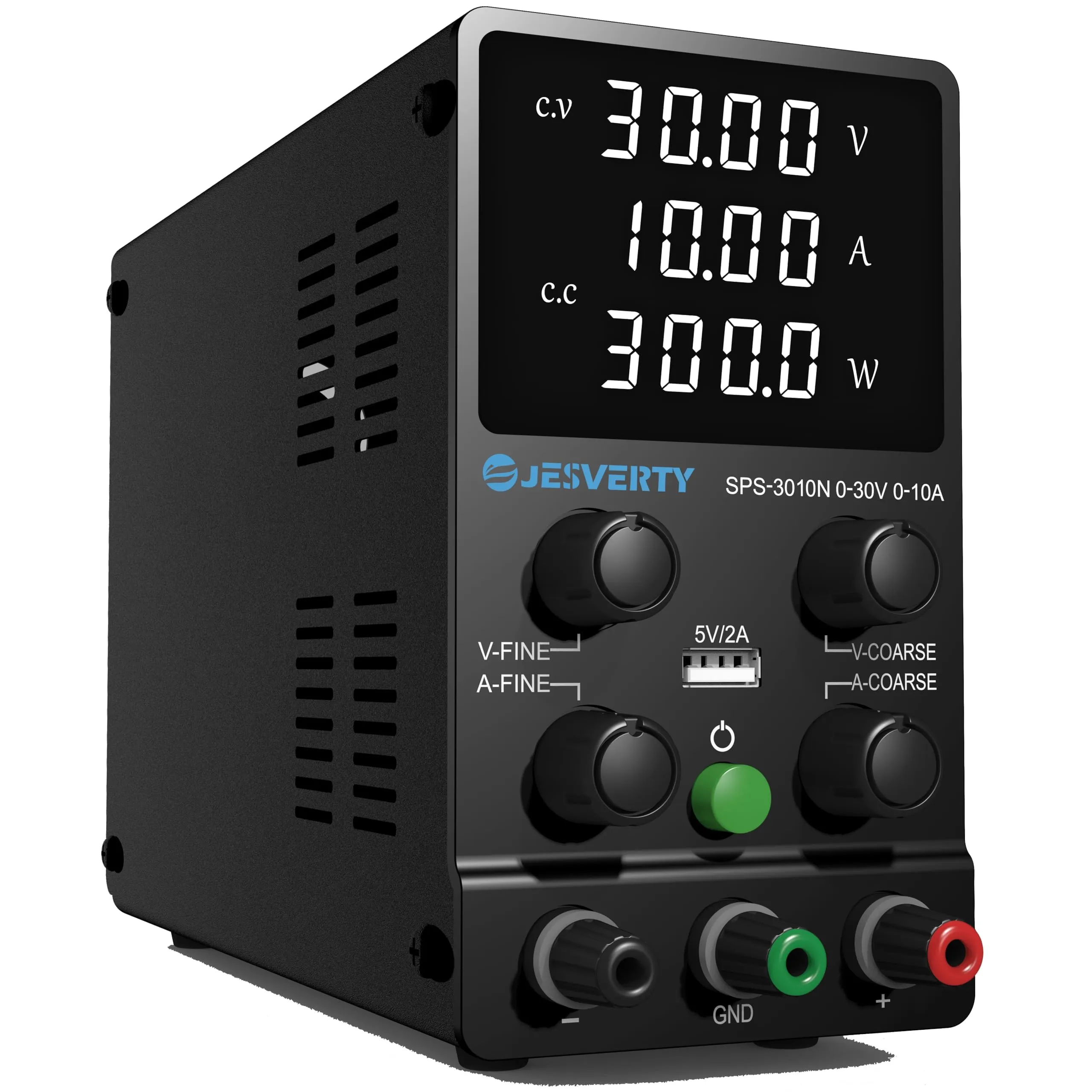 Jesverty, alimentatore da laboratorio, alimentatore da laboratorio DC regolabile (30 V, 10 A) con display LED ad alta precisione a 4 cifre, uscita porta USB 5 V/2 A, impostazioni approssimative e fini