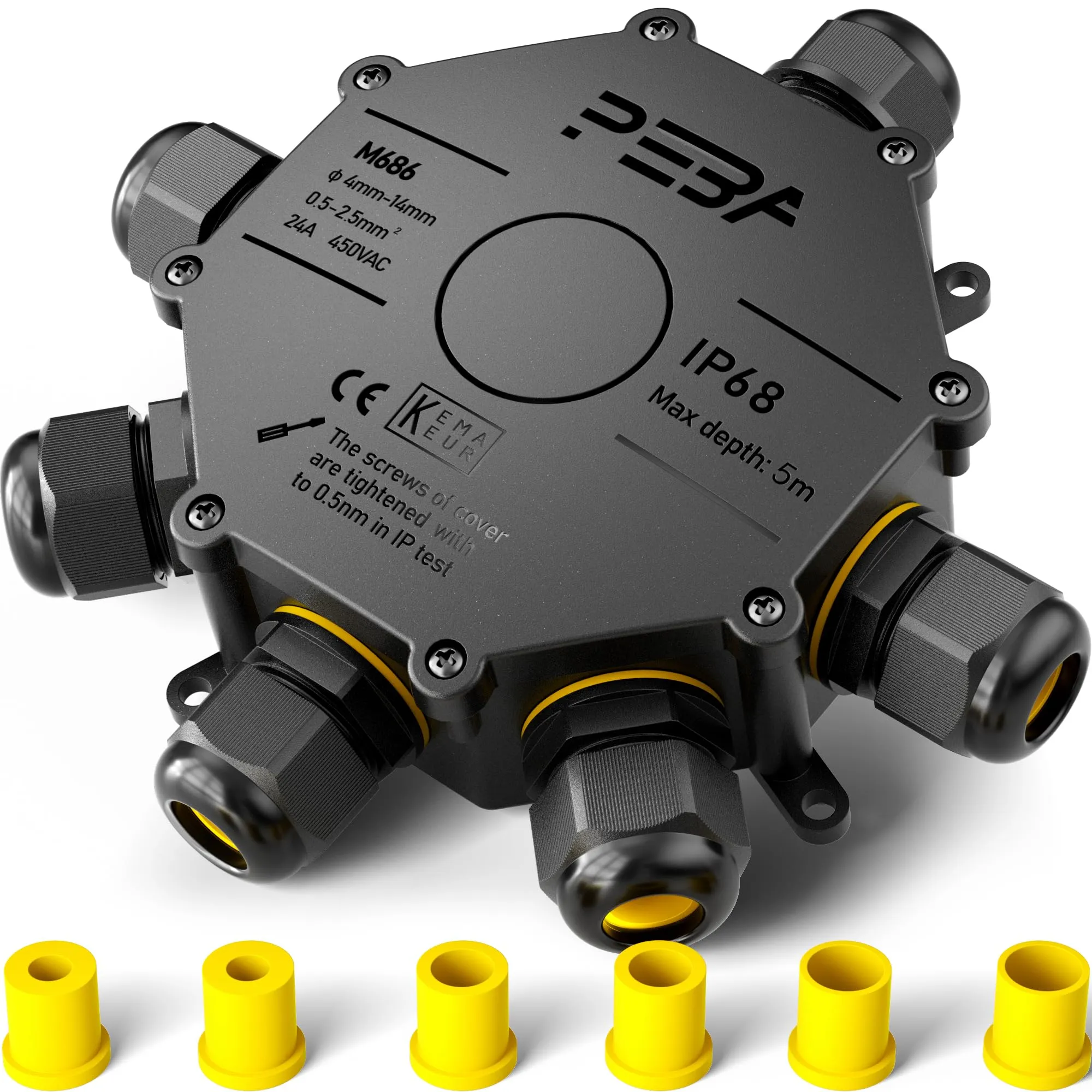PEBA® Scatola di Giunzione Impermeabile IP68, Connettori Elettrici, 6 vie Connettore Stagno Manicotto di Collegamento Cavo Sotterraneo del Area Esterna per Diametro del Cavo Ø4-14mm Nero