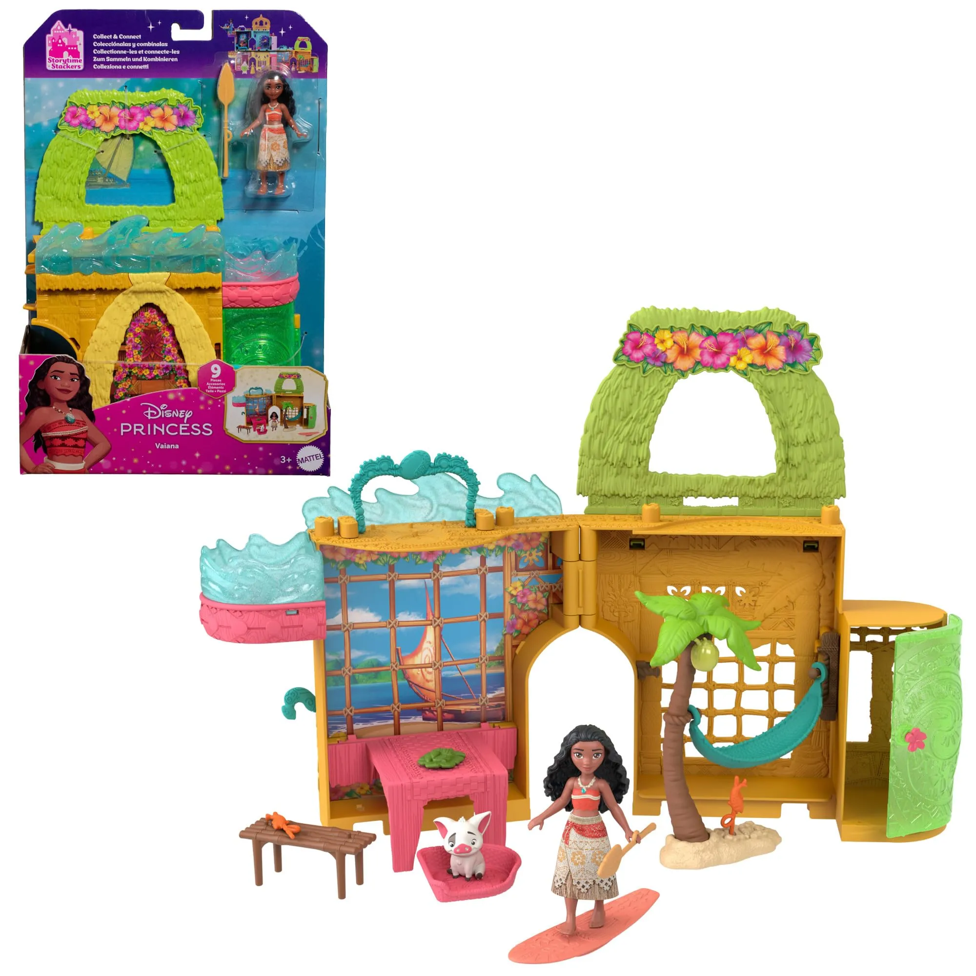 Mattel Disney Princess - La casa di Oceania, set componibile ispirato al film con bambola Vaiana, un amico cucciolo e 9 accessori inclusi, giocattolo per bambini, 3+ anni, JDP60