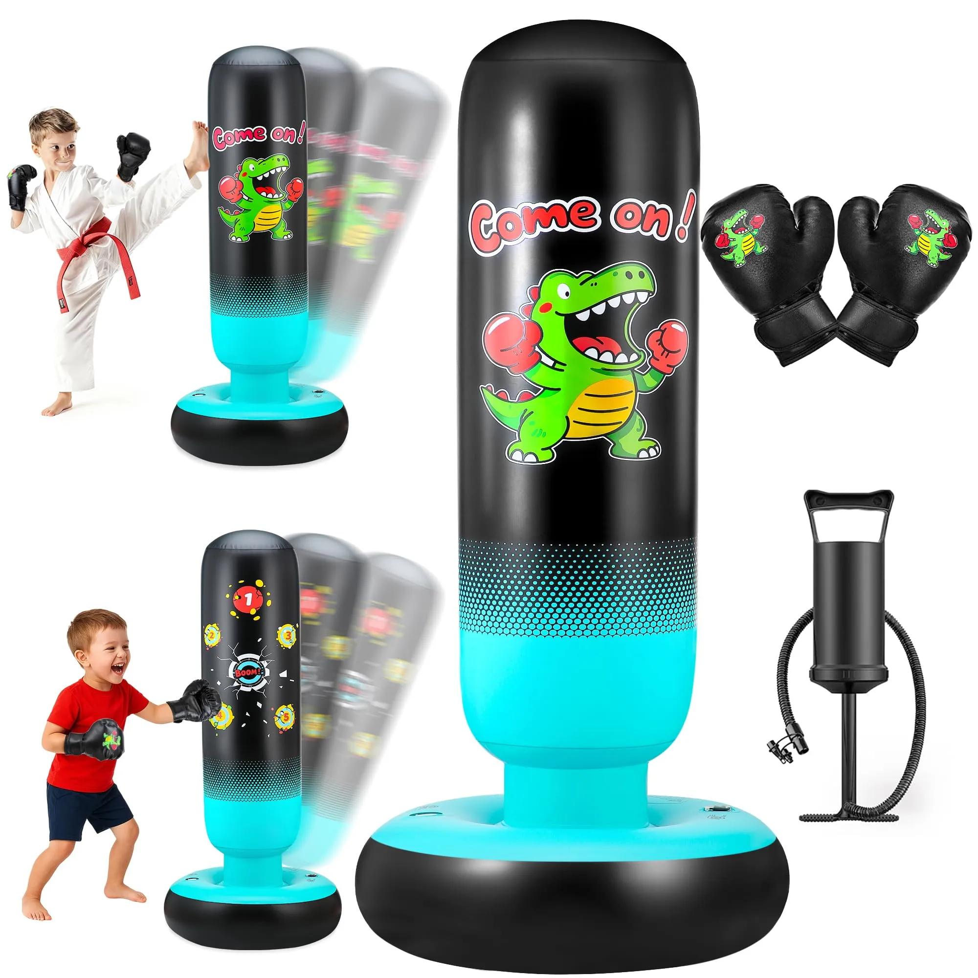 EIVONDA Sacco da Boxe Bambini con Guantoni da Boxe e Pompa 165cm Più Grandi e Stabili Dinosauri & Bersaglio da Colpire 2 in 1 Gonfiabile Sacco da Boxe da Terra Regali per Bambini Bambine 3-12 Anni