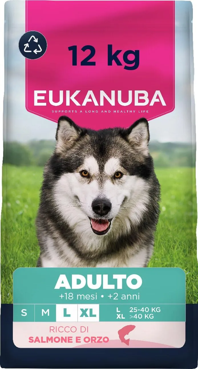 Eukanuba Mangime secco per cani con salmone e orzo per razze di taglia grande, mangime secco premium per cani adulti, 12 kg