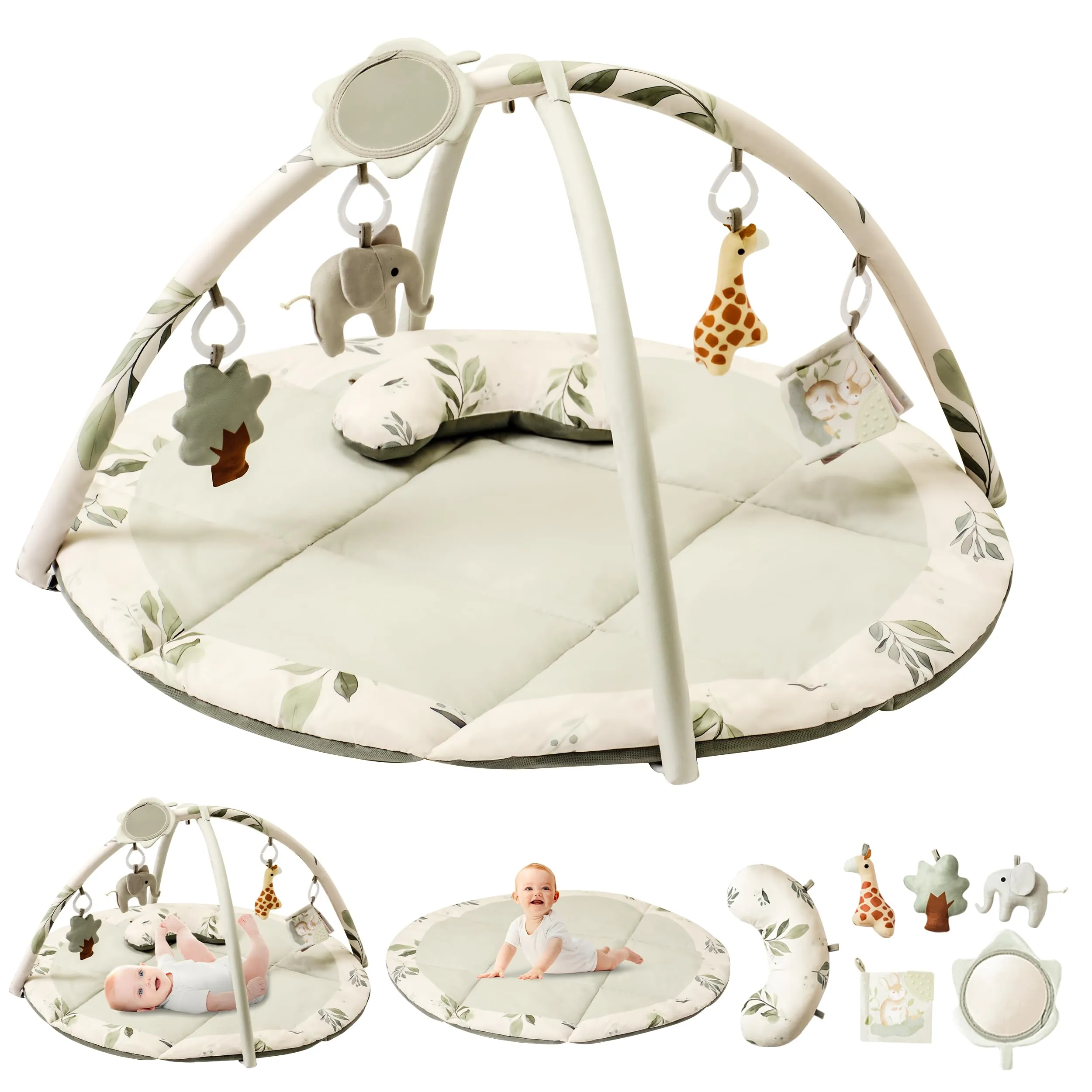 Fortella Palestrina Neonato Evolutiva, Tappetino Gioco Attività con 5 Giocattoli Sensoriali, Specchio e Cuscino–Ideale per Bambini e Bambine, Regalo Perfetto Sviluppo Infantile 0-3-6-9-12 Mesi (Verde)