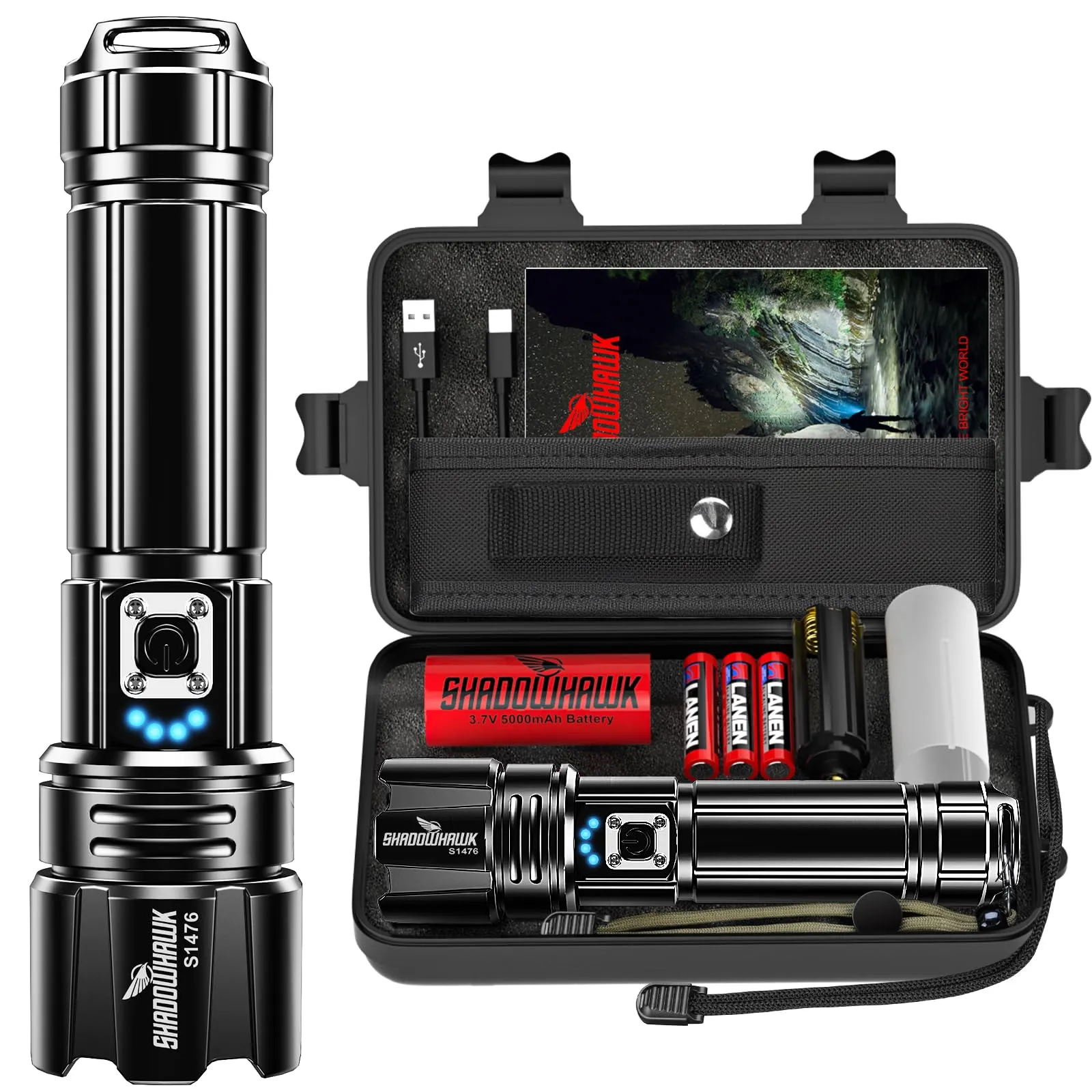 Shadowhawk Torcia LED Potente Professionale 1000000 Lumen | Militare Torce Led Alta Potenza Ricaricabili(12H Illuminazione 5000mAh Batteria), Per Campeggio/Trekking/Emergenza, IP67 & 5 Modalità