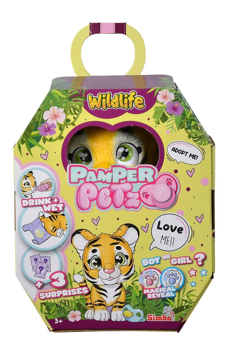 Simba, Pamper Petz Tigre, 105953575, simpatico animaletto con pannolino con funzione color-change, zampa magica, tre sorprese, 15 cm, dai 3 anni