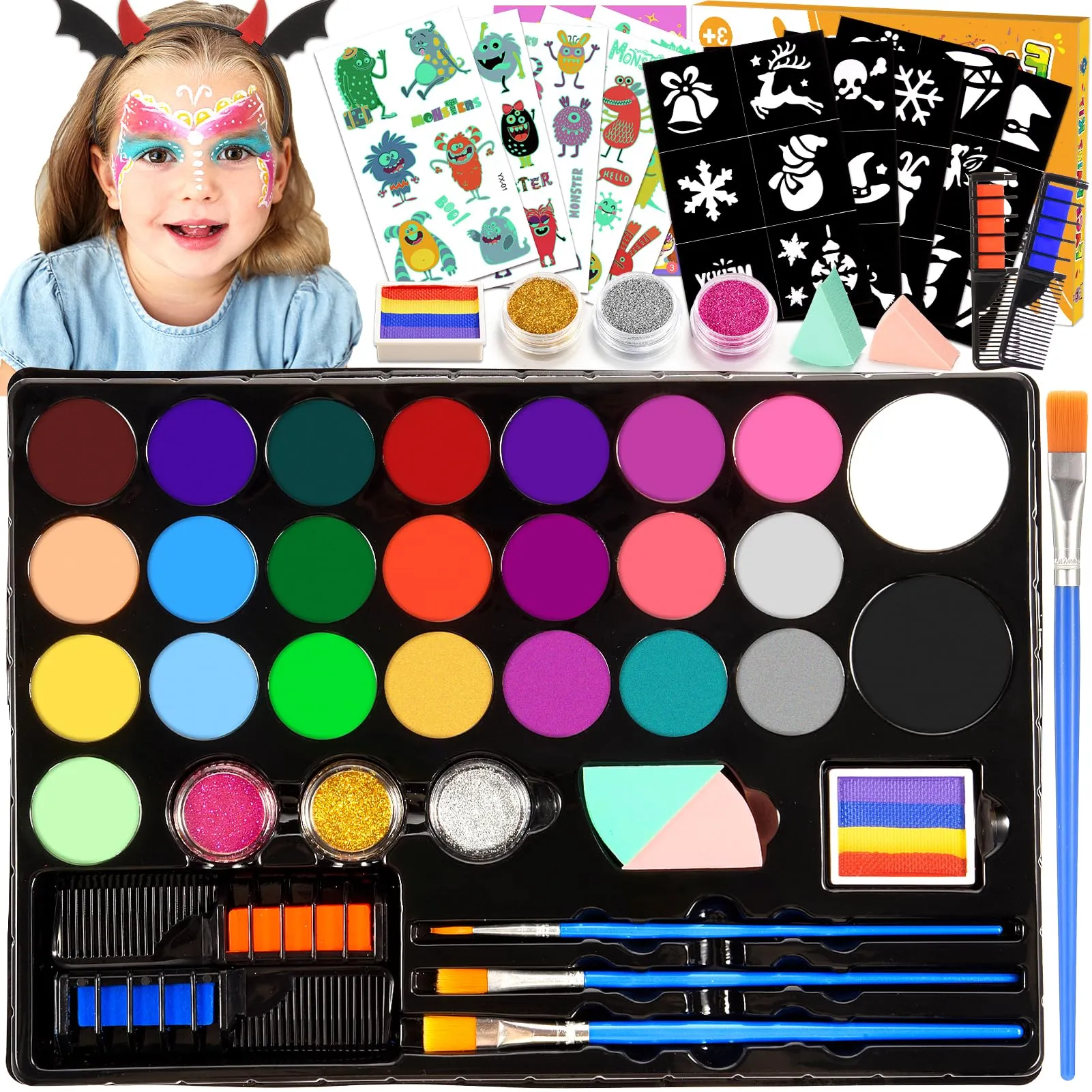 Truccabimbi Kit - 28 Colori Truccabimbi Kit Anallergici Atossici Professionali con 3 Pennelli 30 Stencil Regalo Bambina 3 4 5 6 7 8 9 Anni- Trucca Bimbi Viso Bambini per Halloween, Carnevale, Pasquale
