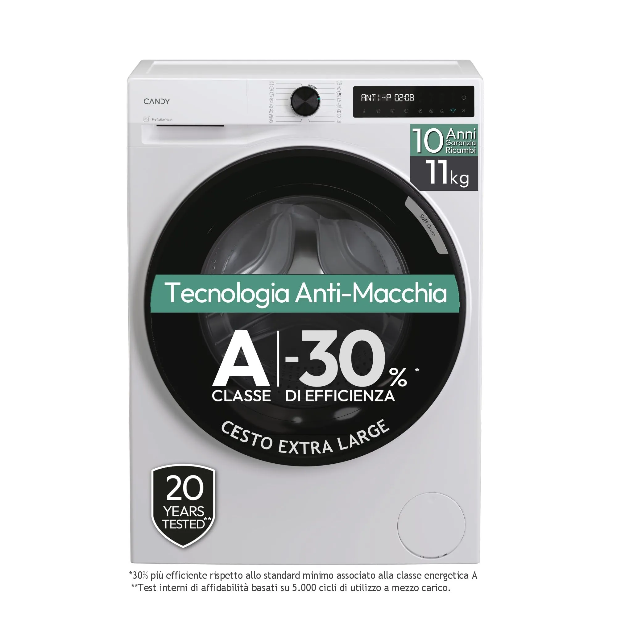 Candy ProWash 500 Lavatrice 11 Kg, Libera Installazione, Carica Frontale, Classe A-30%, 1400 Giri, 16 Programmi, 72 dB, Connessa, Cicli speciali, AxLxP 85x60x68,1 cm, Bianca - BR 411BL9-S