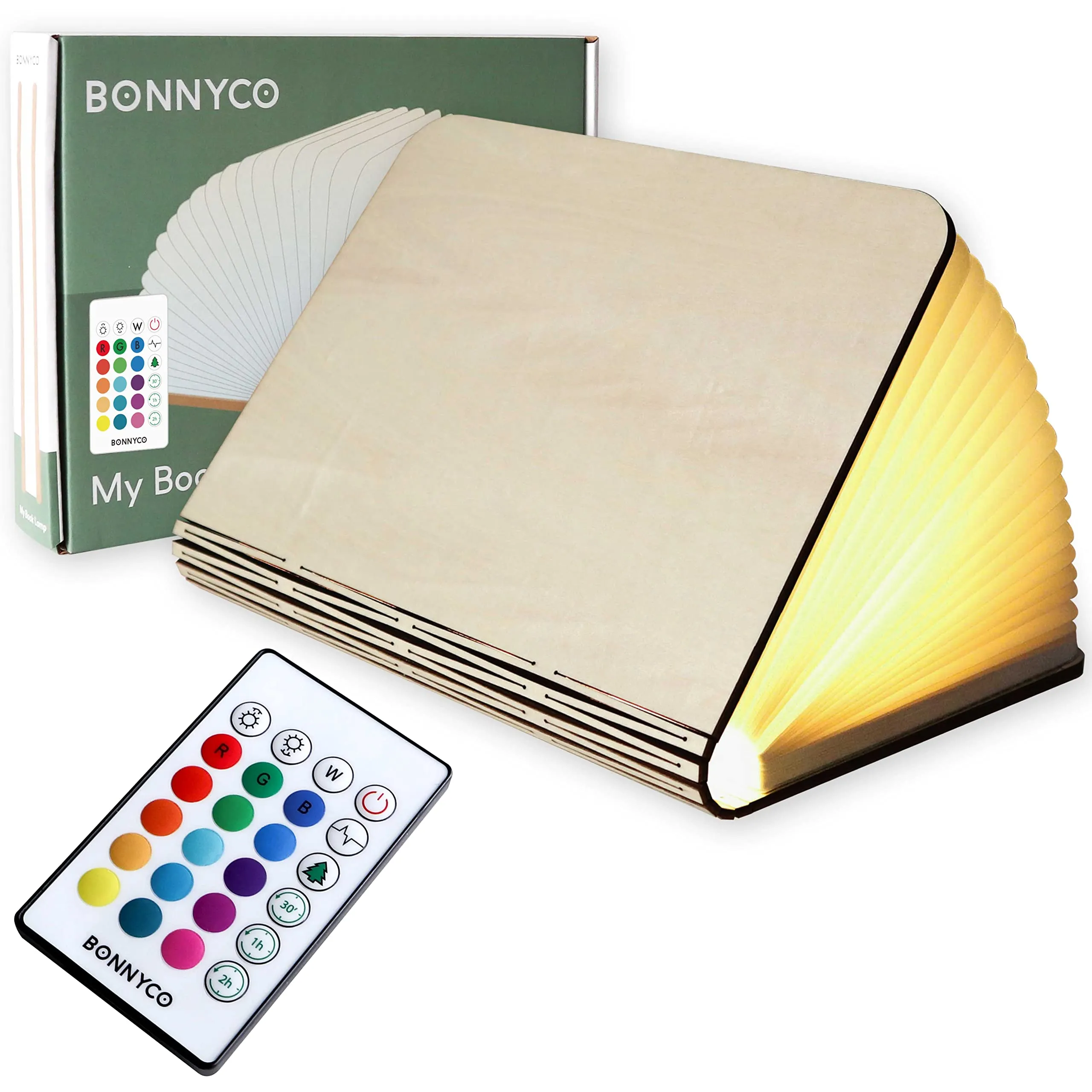BONNYCO Lampada Libro Led Pieghevole in Legno con Telecomando 16 Colori e Timer Lampada Libro Decorazioni Casa, Camera e Ufficio | Idea Regalo Originale per Compleanno e Natale, Donna e Uomo