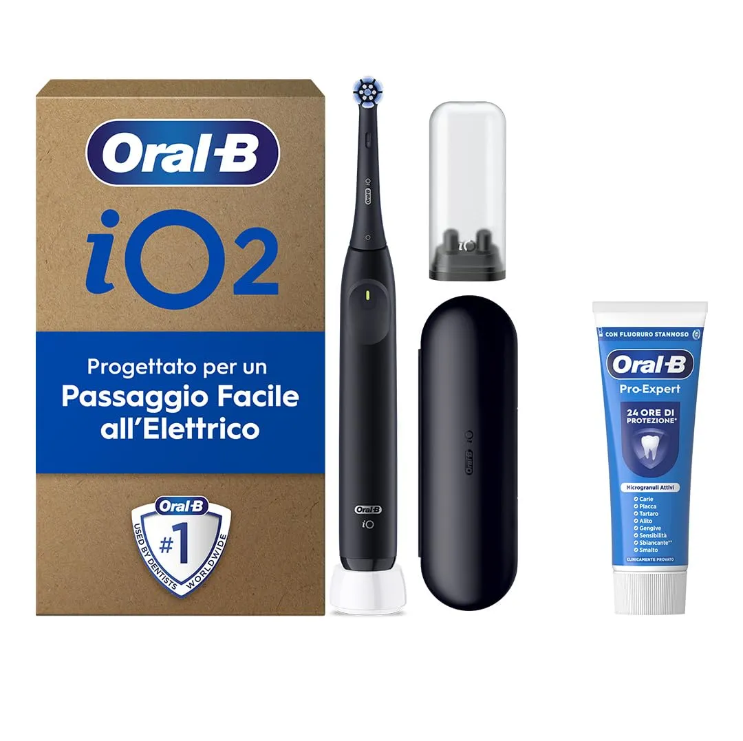 Oral-B Spazzolino Elettrico Ricaricabile iO 2 Nero, 1 Spazzolino Elettrico, 1 Testina Di Ricambio, Custodia Da Viaggio, Supporto per testine + 1 Dentifricio Oral-B Pro, Pulizia Denti Efficace