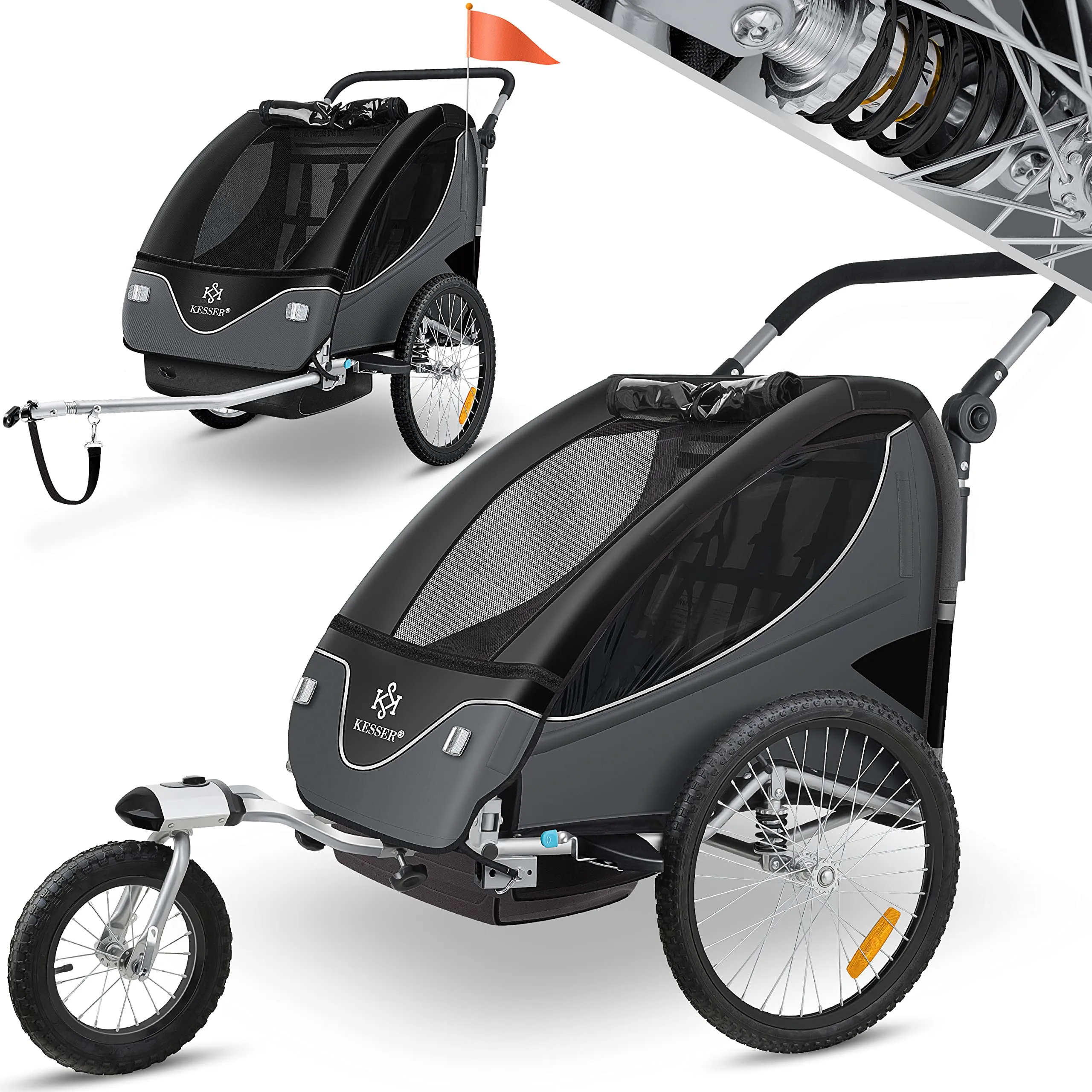 KESSER® Rimorchio per Bambini, ruotabile a 360°, con Sospensioni, 2in1 - Funzione Jogger/Rimorchio, Cintura a 5 punti, per 1 o 2 Bambini/max. 40kg, Nero/Antracite