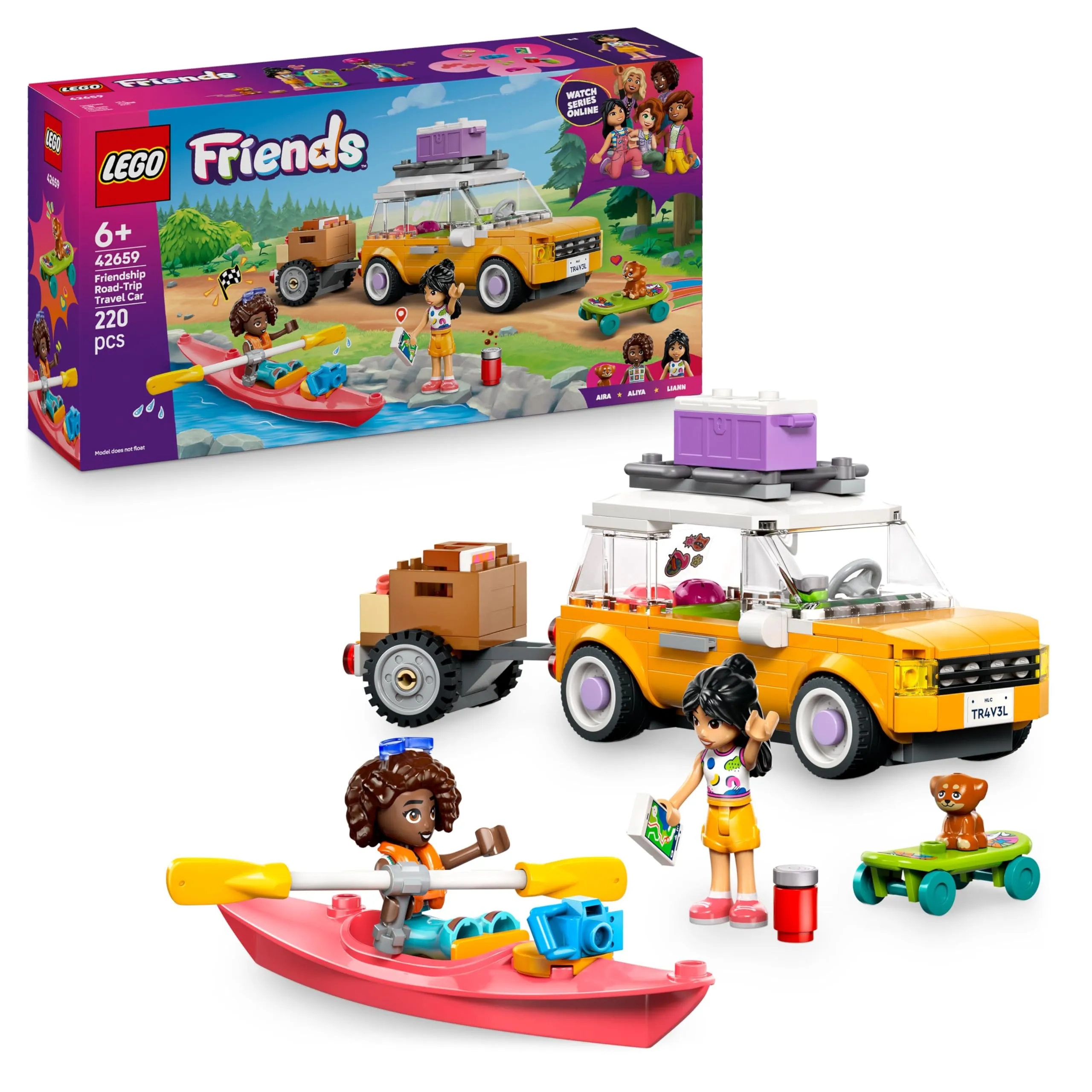 LEGO Friends Viaggio in Auto con il Cucciolo - Macchina Giocattolo con Rimorchio, 2 Mini Bamboline, Cane, Kayak e Accessori tra cui Skateboard e Pattini a Rotelle - Set per Bambine da 6 Anni - 42659