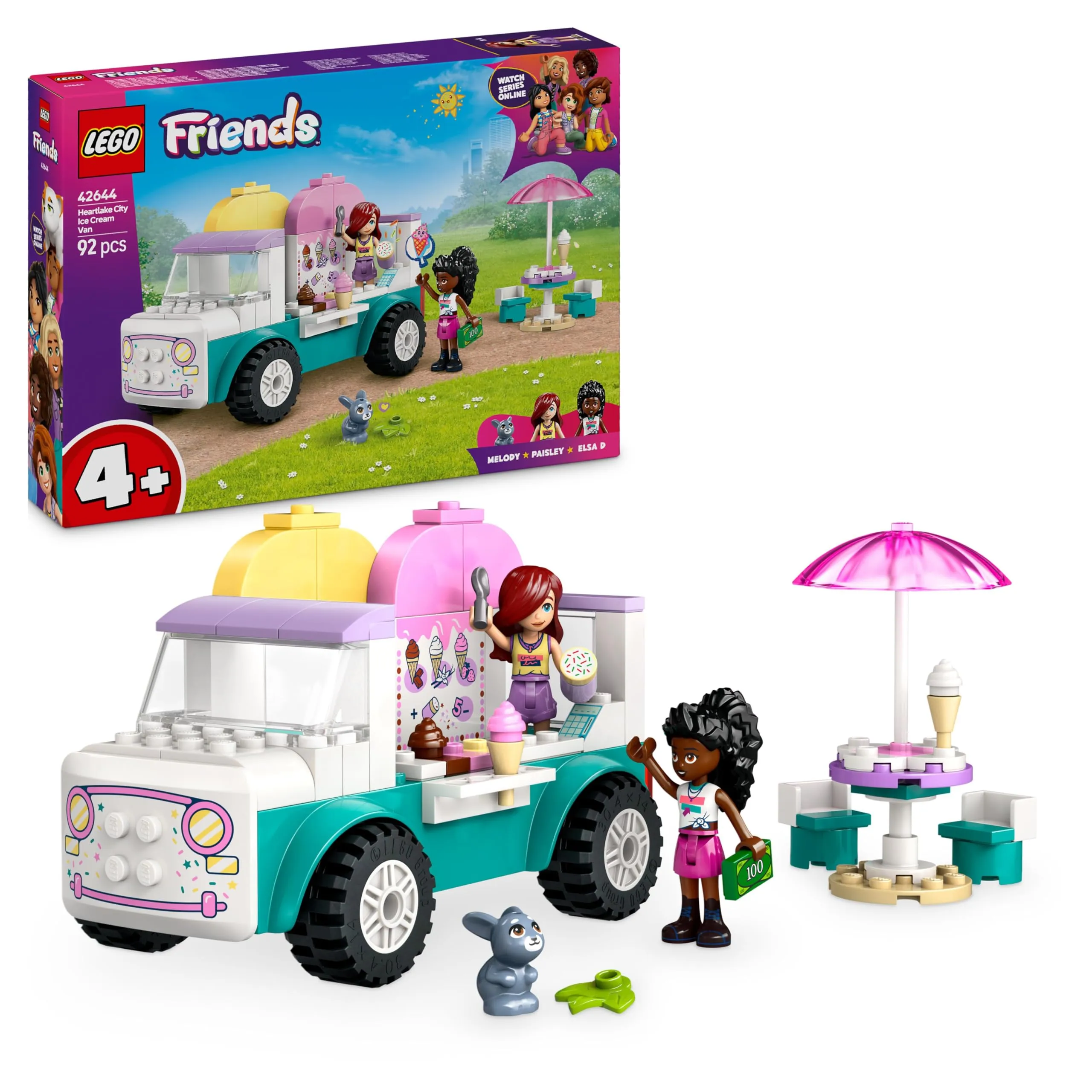 LEGO Friends Il Furgone dei Gelati di Heartlake City, Giochi Creativi e Didattici per Bambine da 4 Anni con Camion Giocattolo, 2 Mini Bamboline, un Coniglietto, Cibo e Accessori, Set con Veicolo 42644