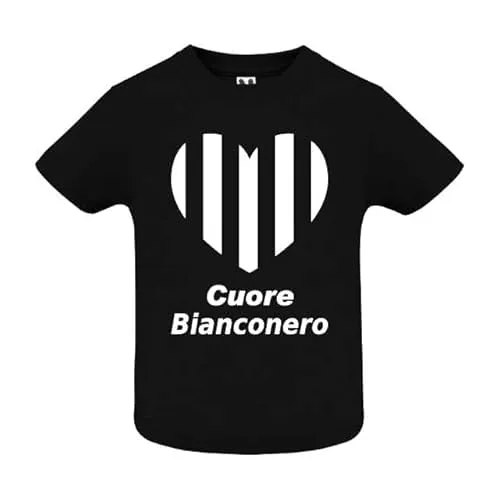 T-shirt in cotone adatto a tifosi di calcio con cuore bianconero per neonati, bambini ed adulti (Neonato, Nero, 18 mesi)